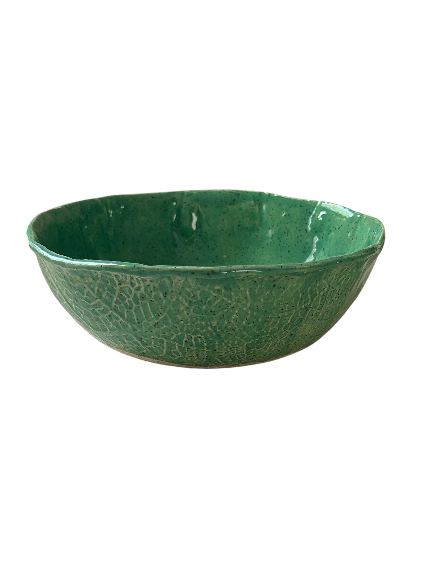Large Freeform Textured Salad Bowl #31 with Fall Leaves in Translucent Jade Green