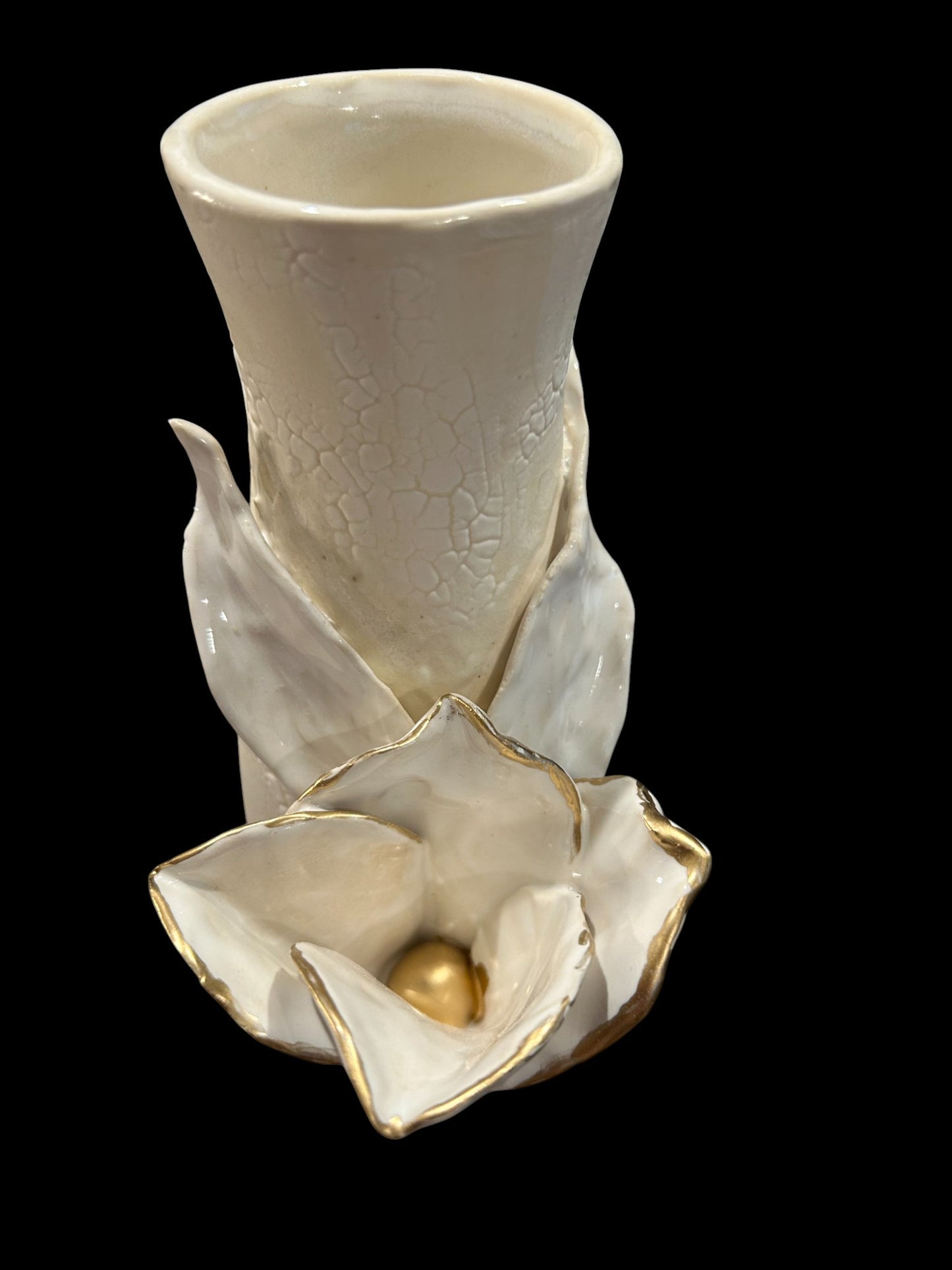 Slip Cast Textured Vase with Sculpted Tulip and Gold Leaf Accents 7"