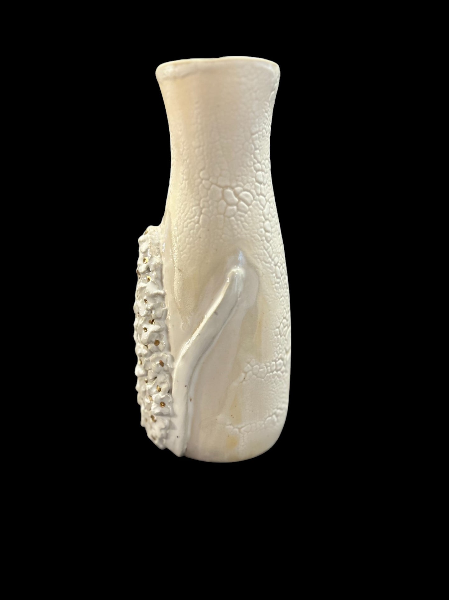 Slip Cast Textured Vase with Sculpted Blue Hyacinths and Gold Leaf Accents 7"