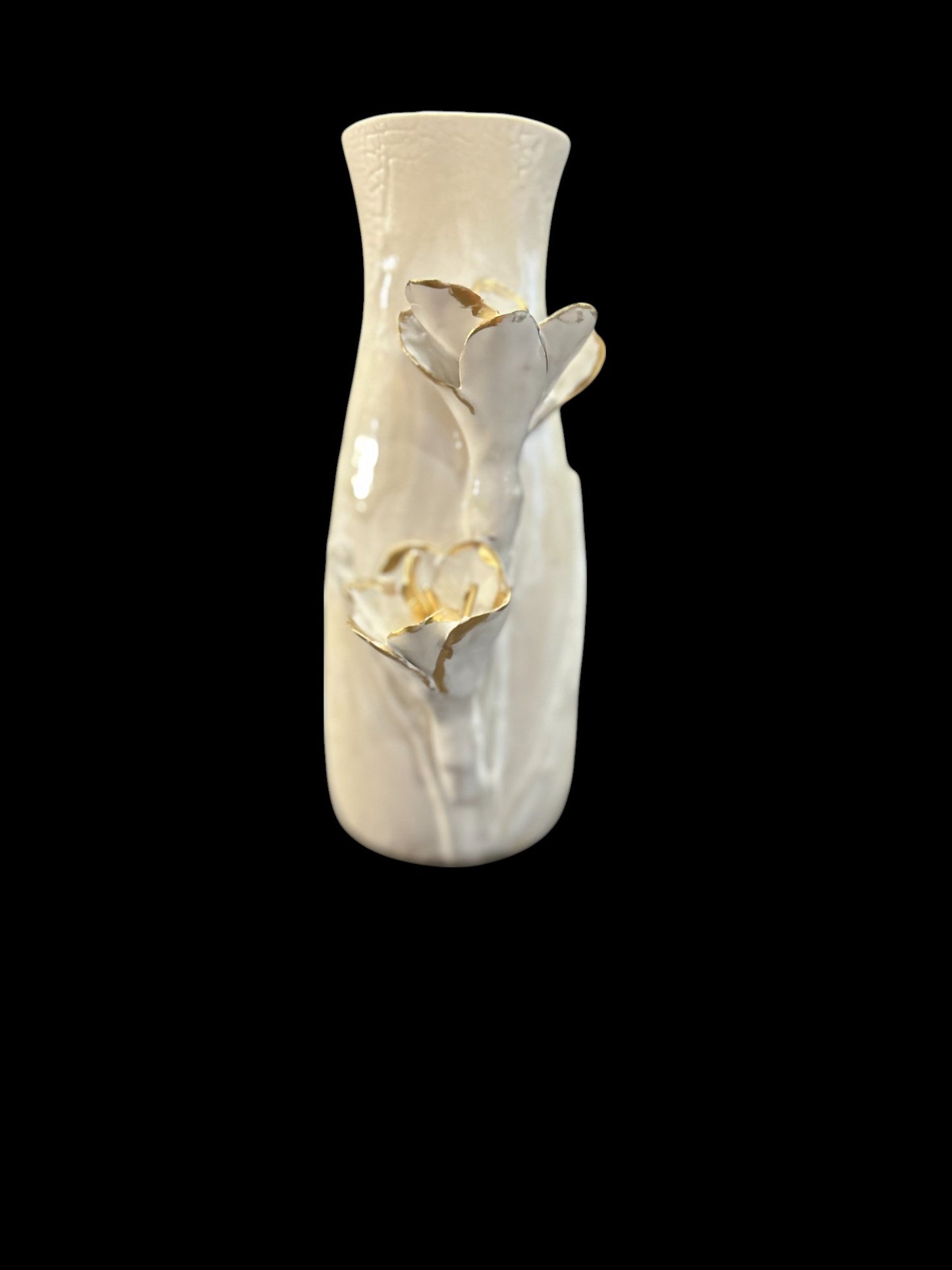 Slip Cast Textured Vase with Sculpted Crocus Flowers with Gold Leaf Accents 7"