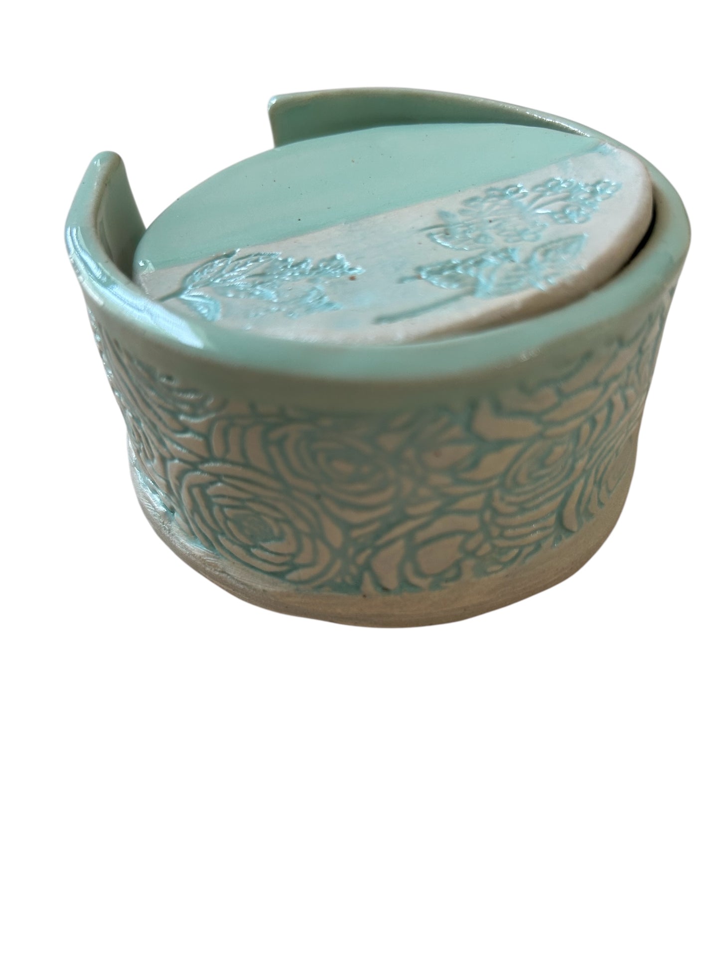 Set of Six Coasters #1 in Mint Green and White with Holder