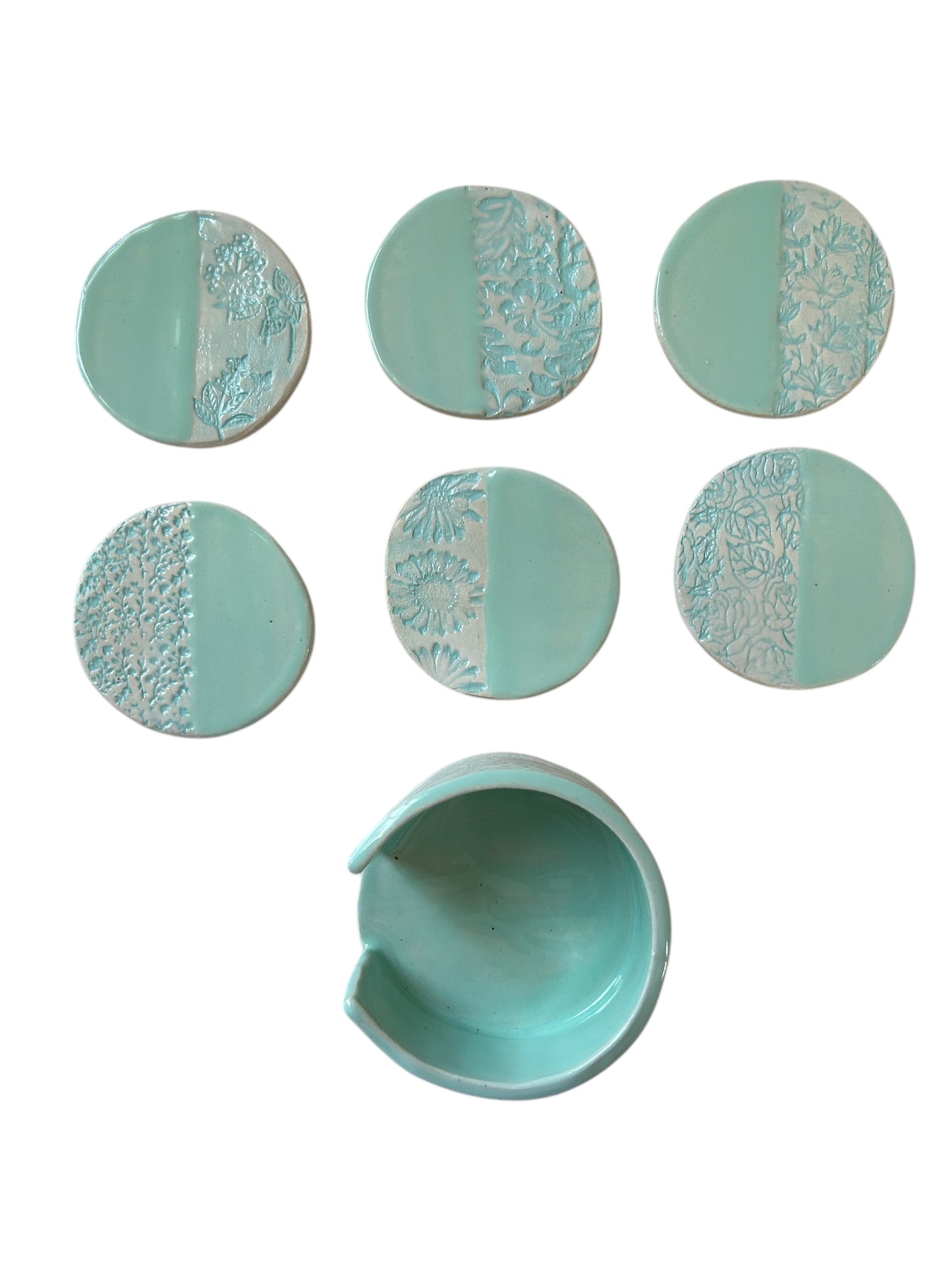 Set of Six Coasters #1 in Mint Green and White with Holder
