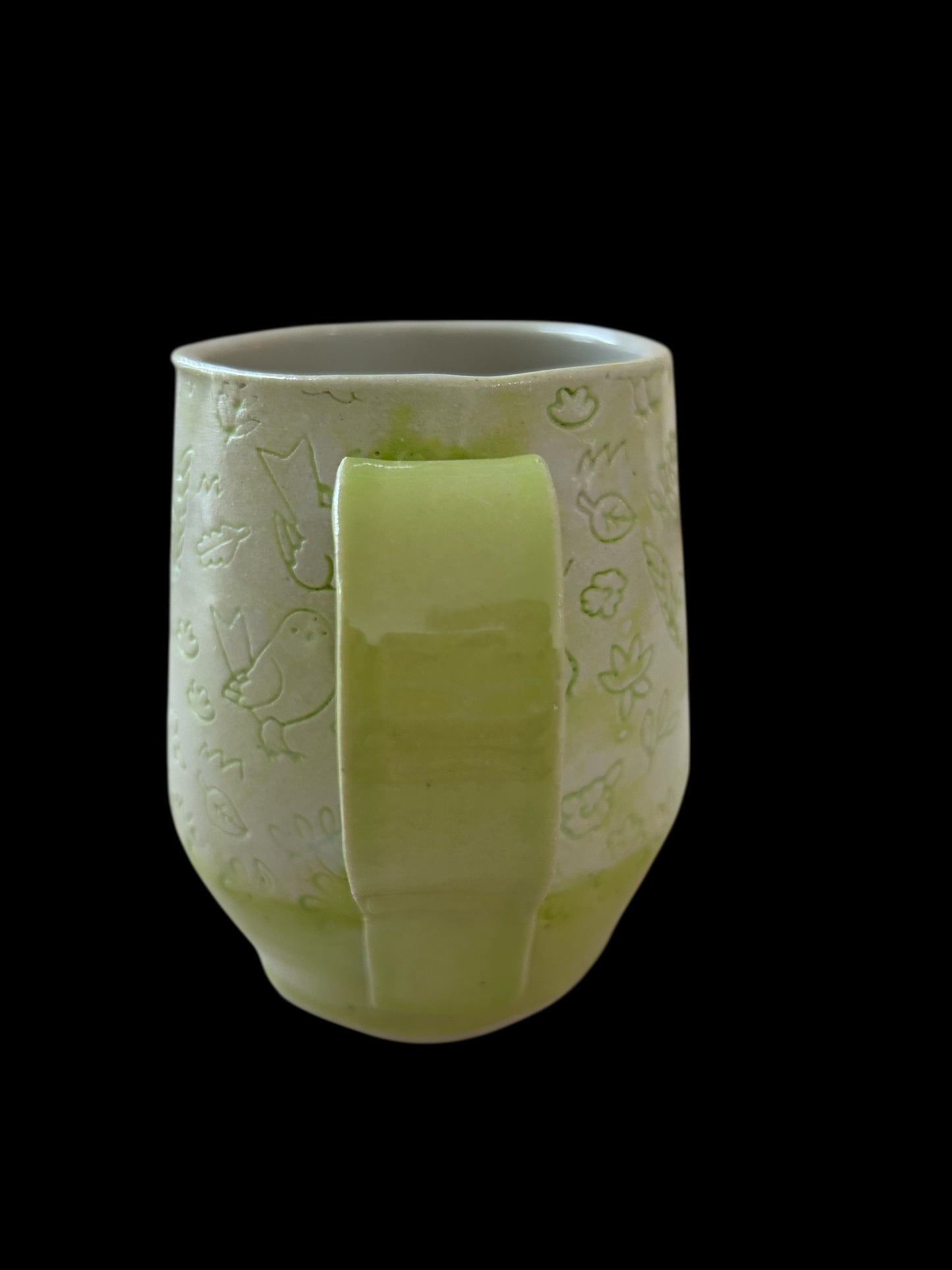 Textured Belly Mug #1 with Birds and Spring Flowers in Pear Green
