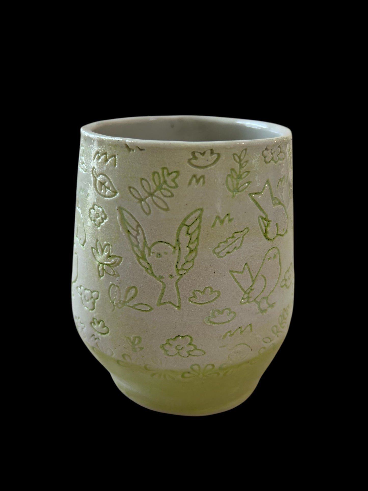 Textured Belly Mug #1 with Birds and Spring Flowers in Pear Green