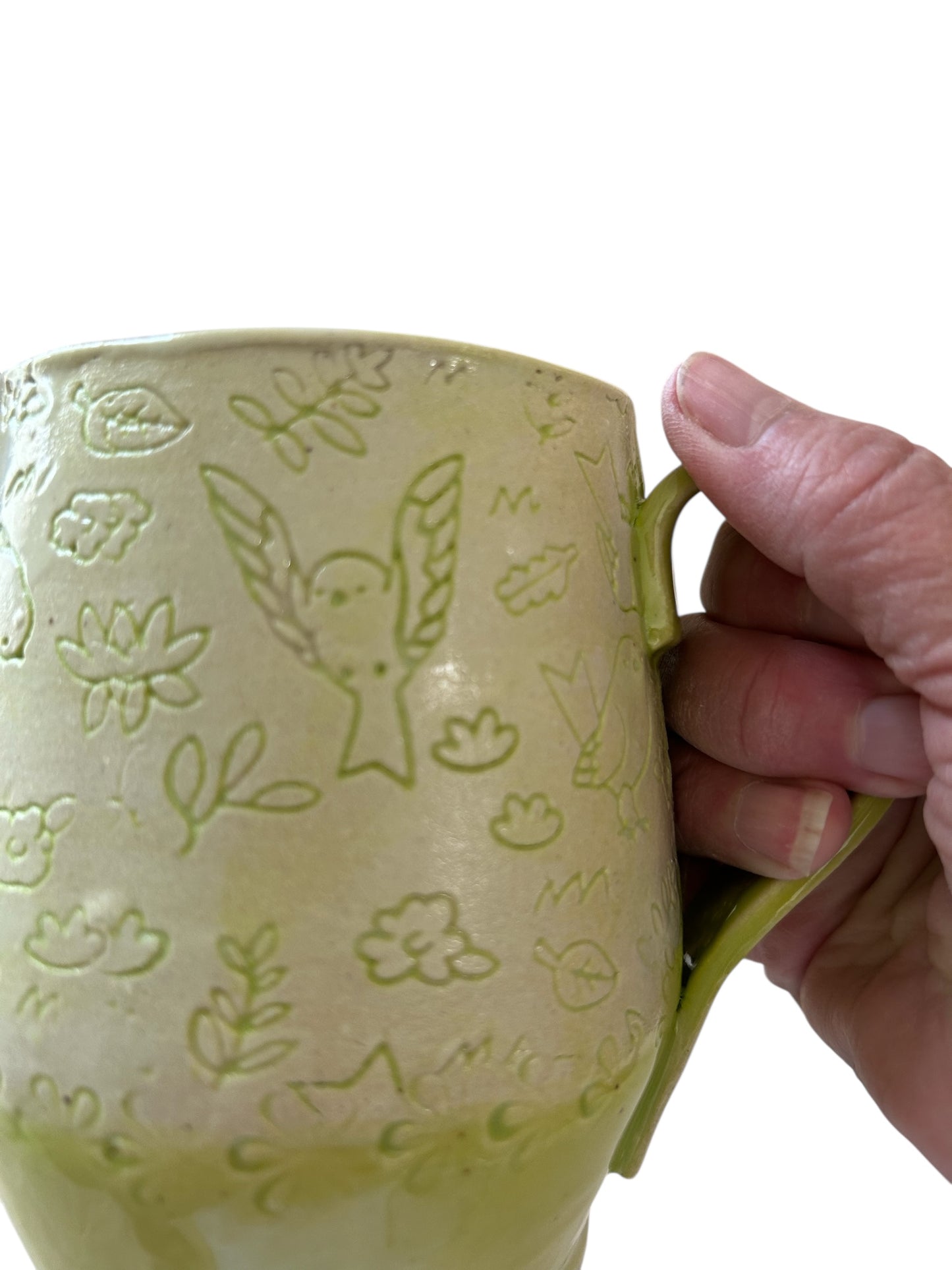 Textured Belly Mug #1 with Birds and Spring Flowers in Pear Green