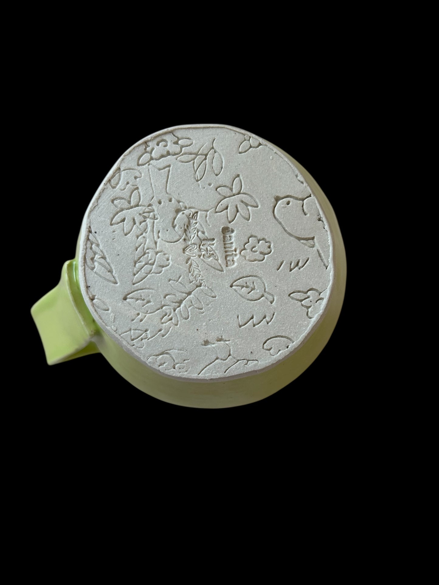 Textured Belly Mug #1 with Birds and Spring Flowers in Pear Green