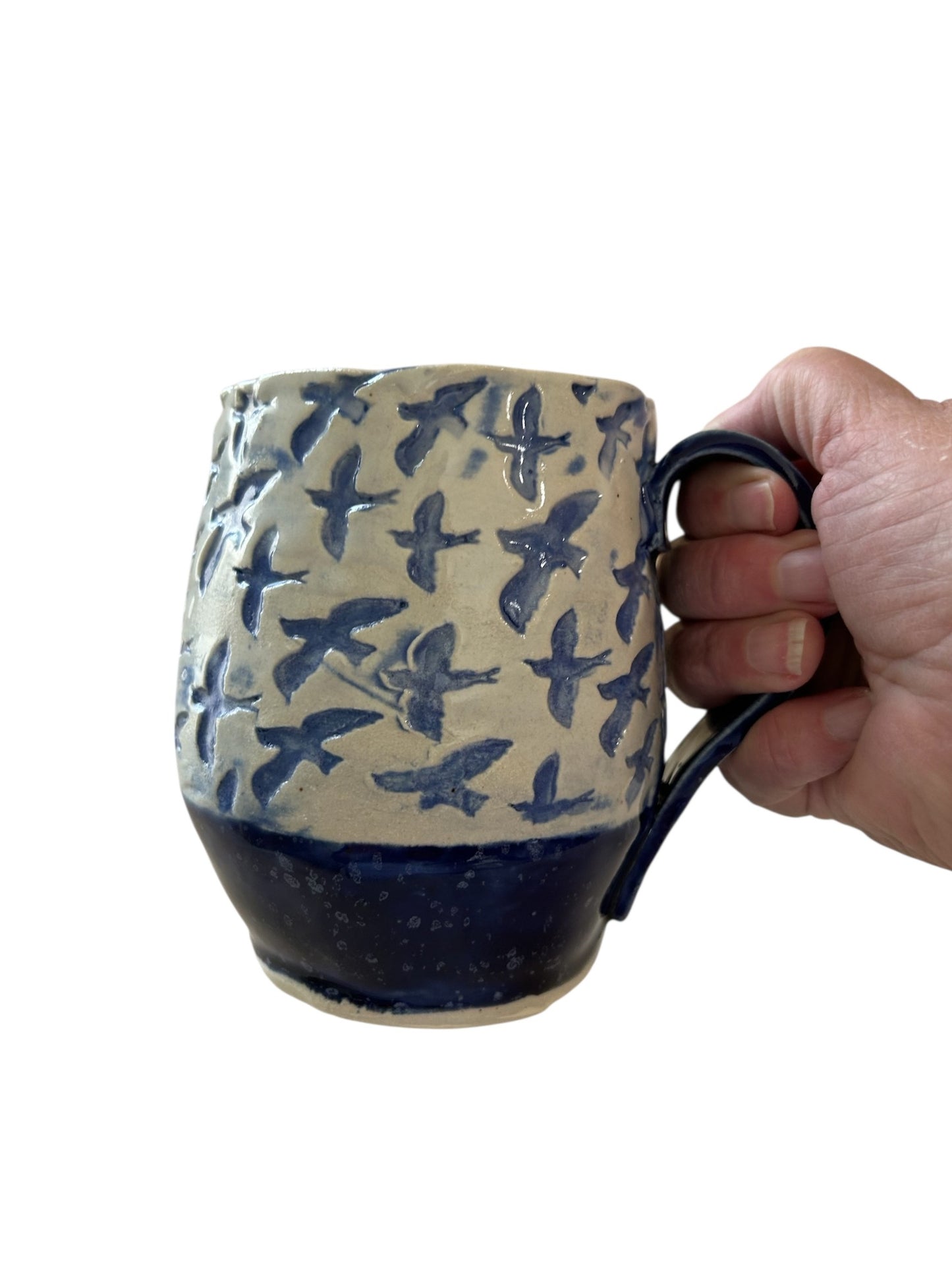 Textured Belly Mug #2 with Soaring Birds in Dark Blue