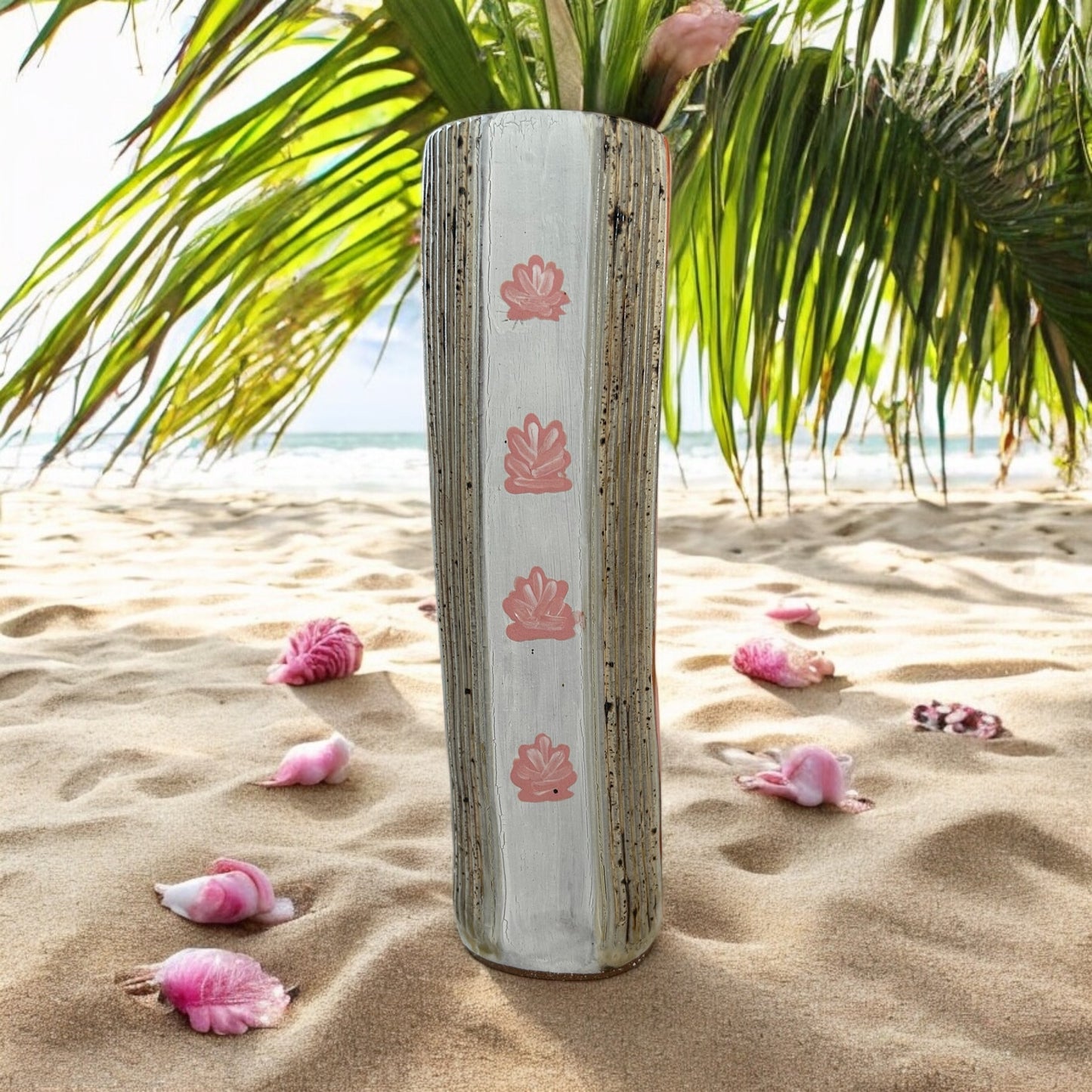 Extruded Vase #1 with Salmon Pink Seashells on Dark Stoneware Clay