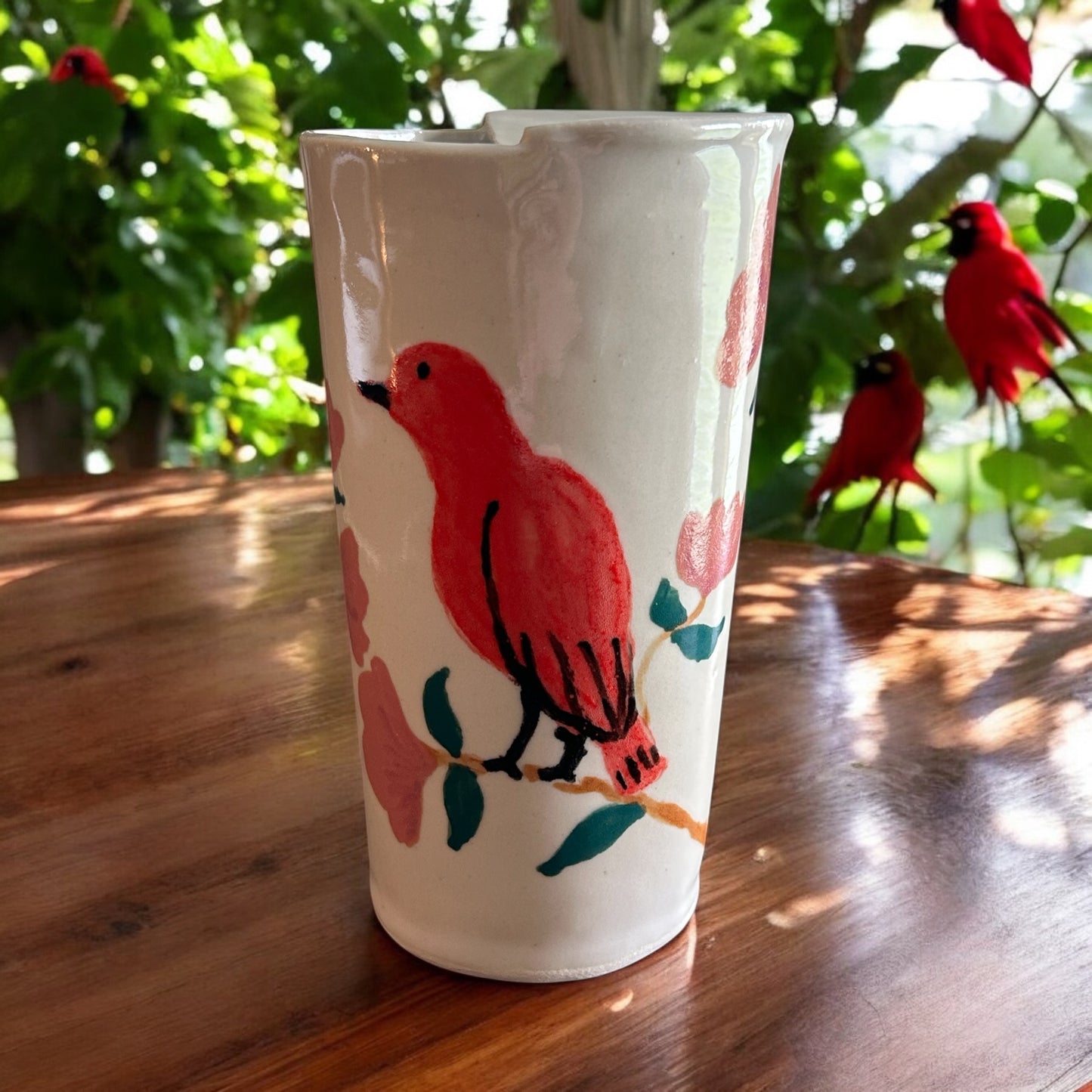 Travel Mug #1 with Handpainted Cardinal and Stylized Flowers