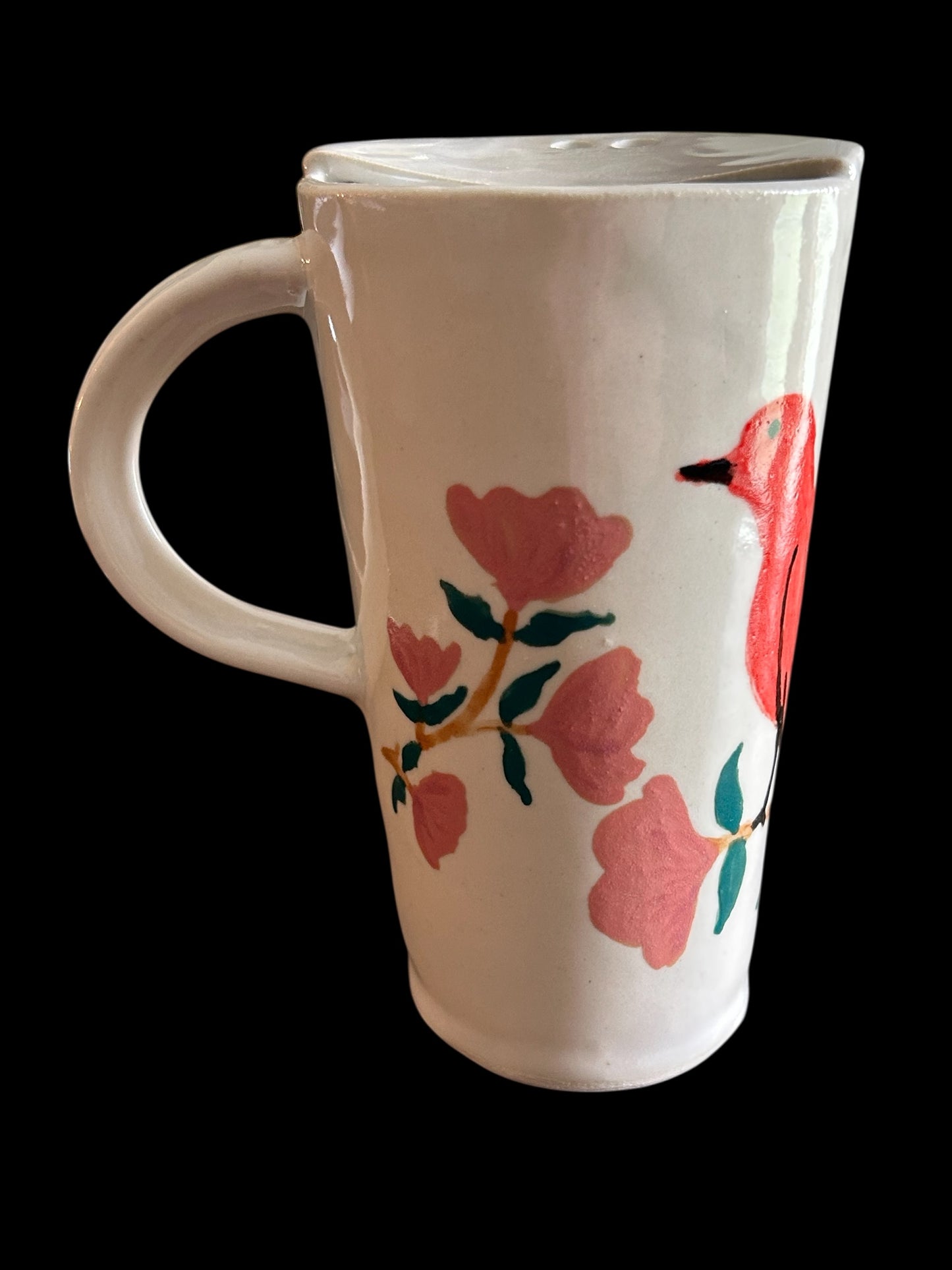 Travel Mug #1 with Handpainted Cardinal and Stylized Flowers
