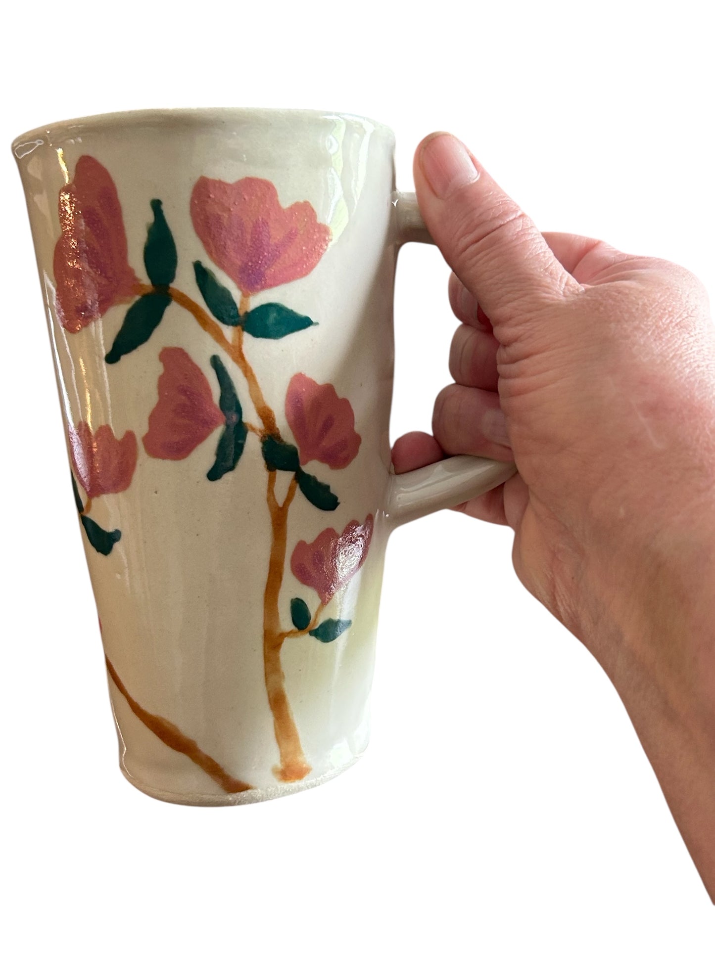 Travel Mug #1 with Handpainted Cardinal and Stylized Flowers