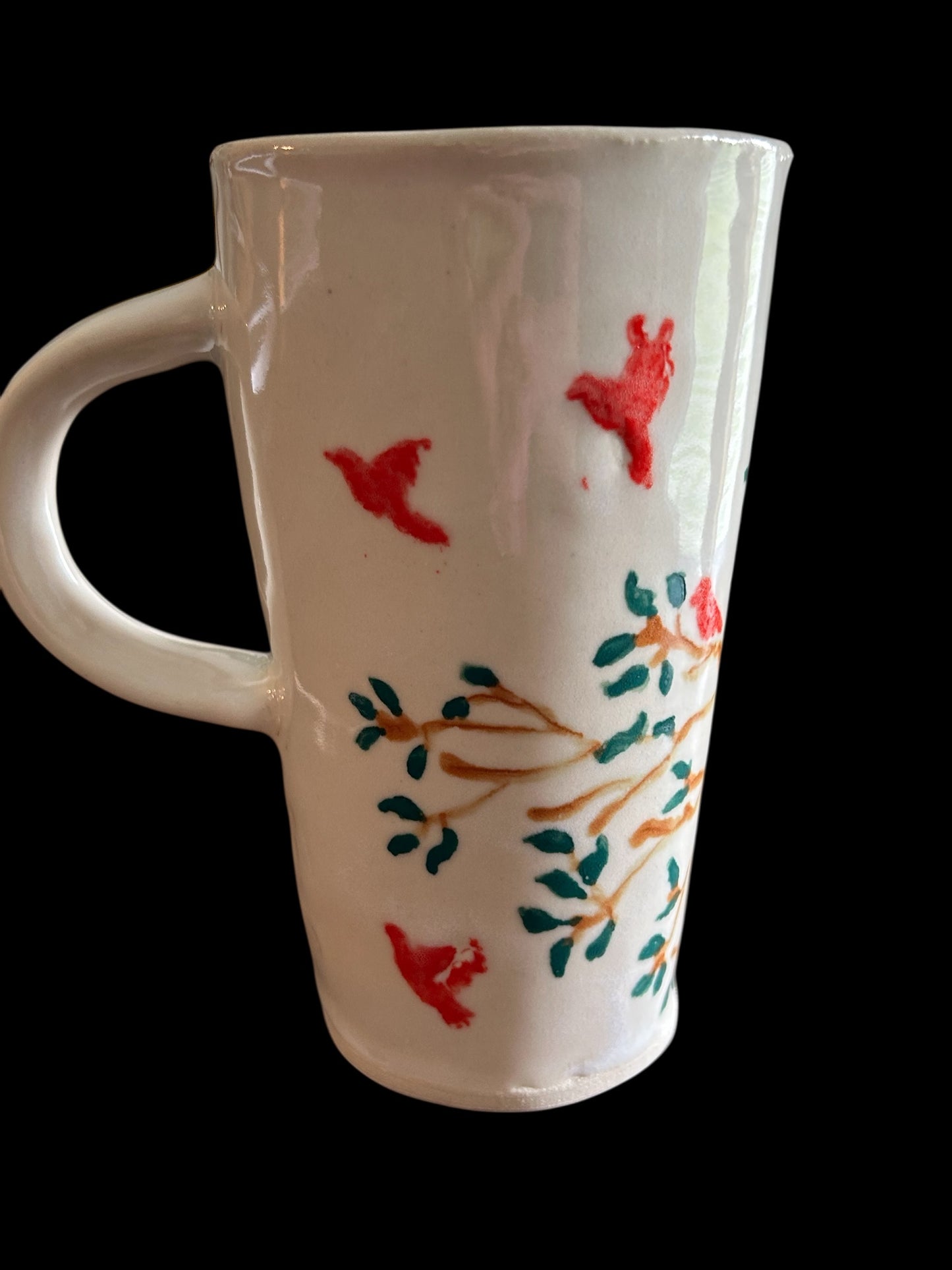 Travel Mug #2 with Handpainted Cardinals and Tree Branches with Left Hand Handle