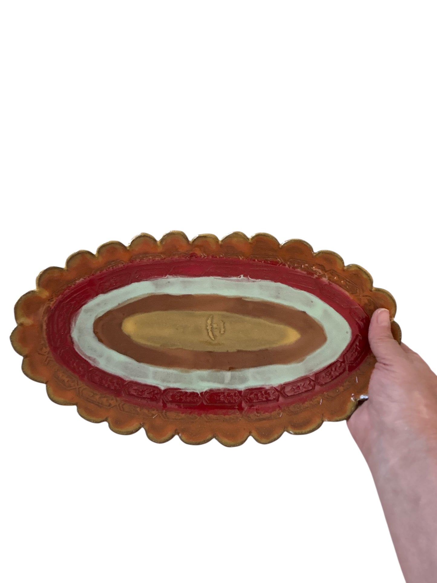 Small Handbuilt Textured Nachos Platter #33 with Scalloped Rim with Festive Southwestern Designs in Bold Colors