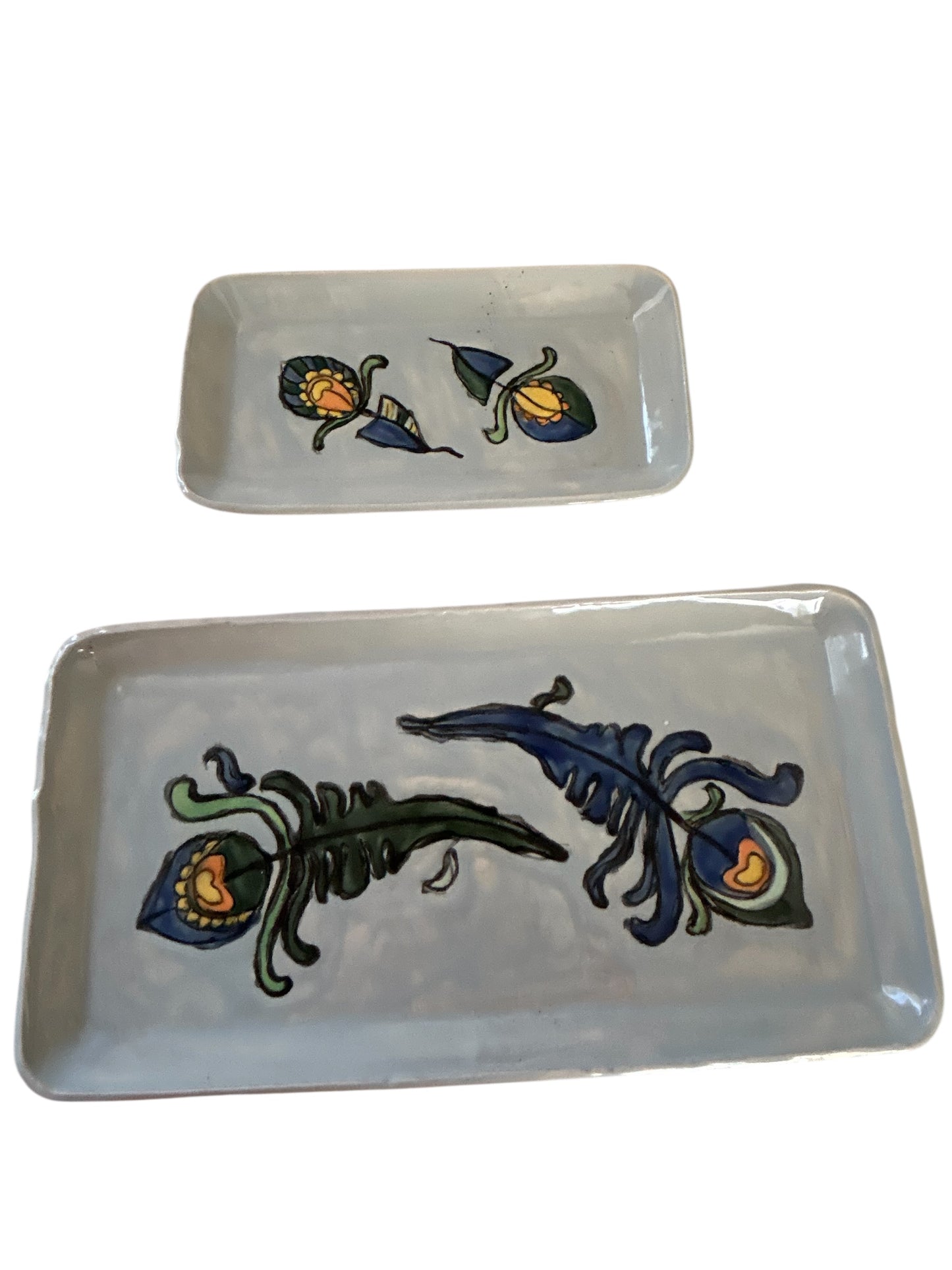 Decorative Set of Peacock Plates #43 with Handpainted Bird and Feather Designs