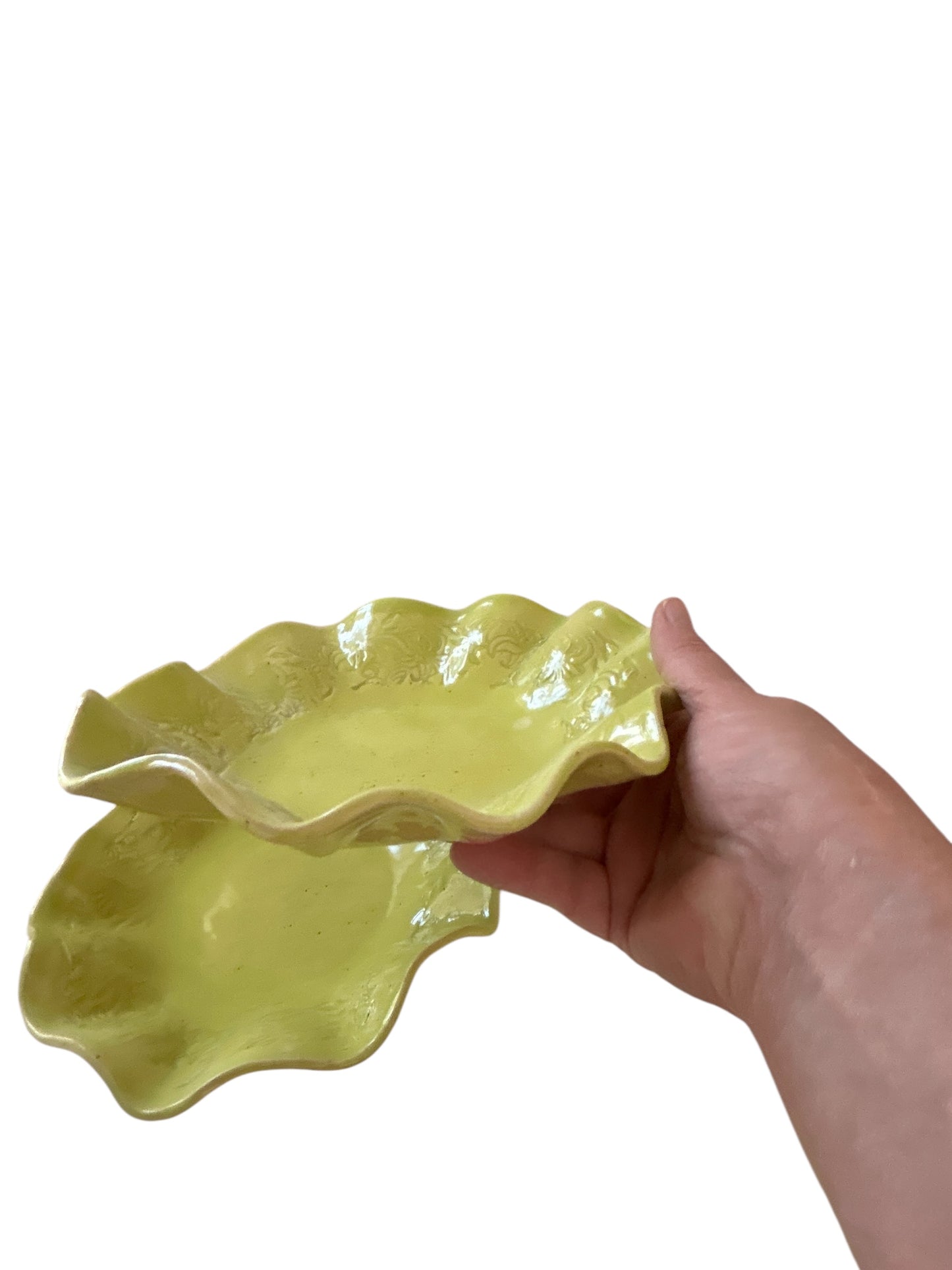 Set of Two Bowls #68 with Ruffled Rims in Yellow Green on Speckled Clay
