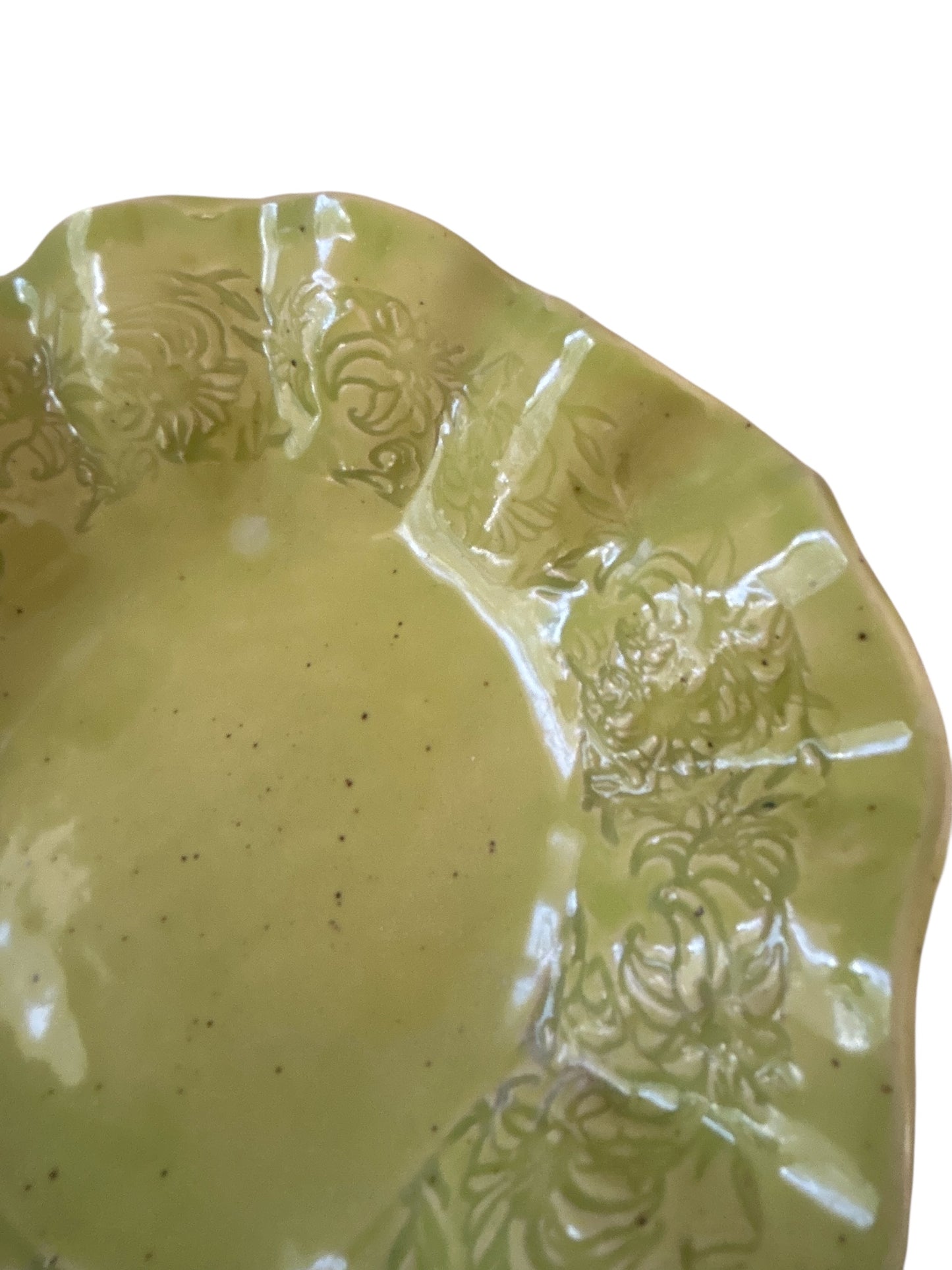 Set of Two Bowls #68 with Ruffled Rims in Yellow Green on Speckled Clay