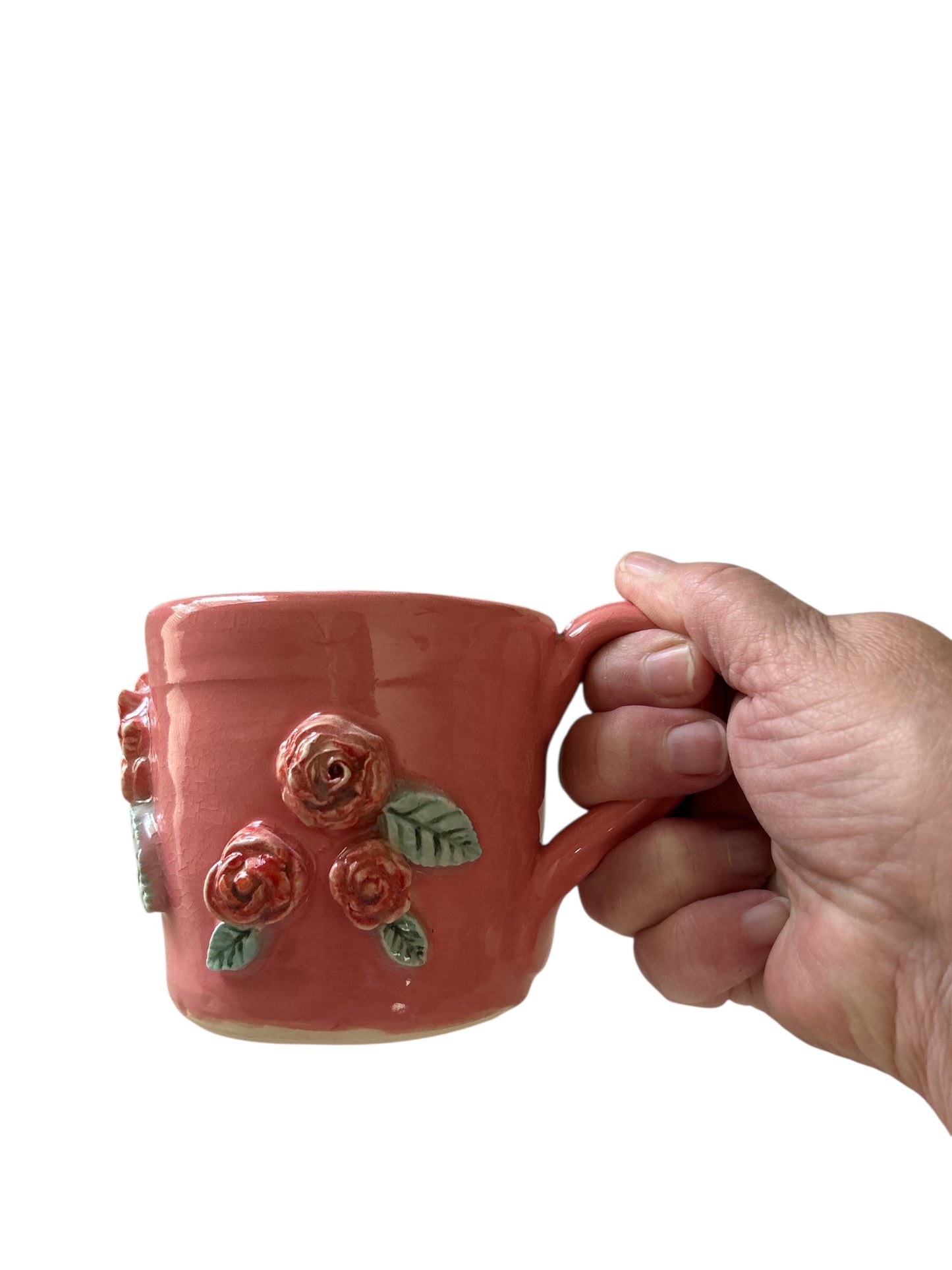 Sprigged Mug #2 with Red Roses in Relief from Pink Background