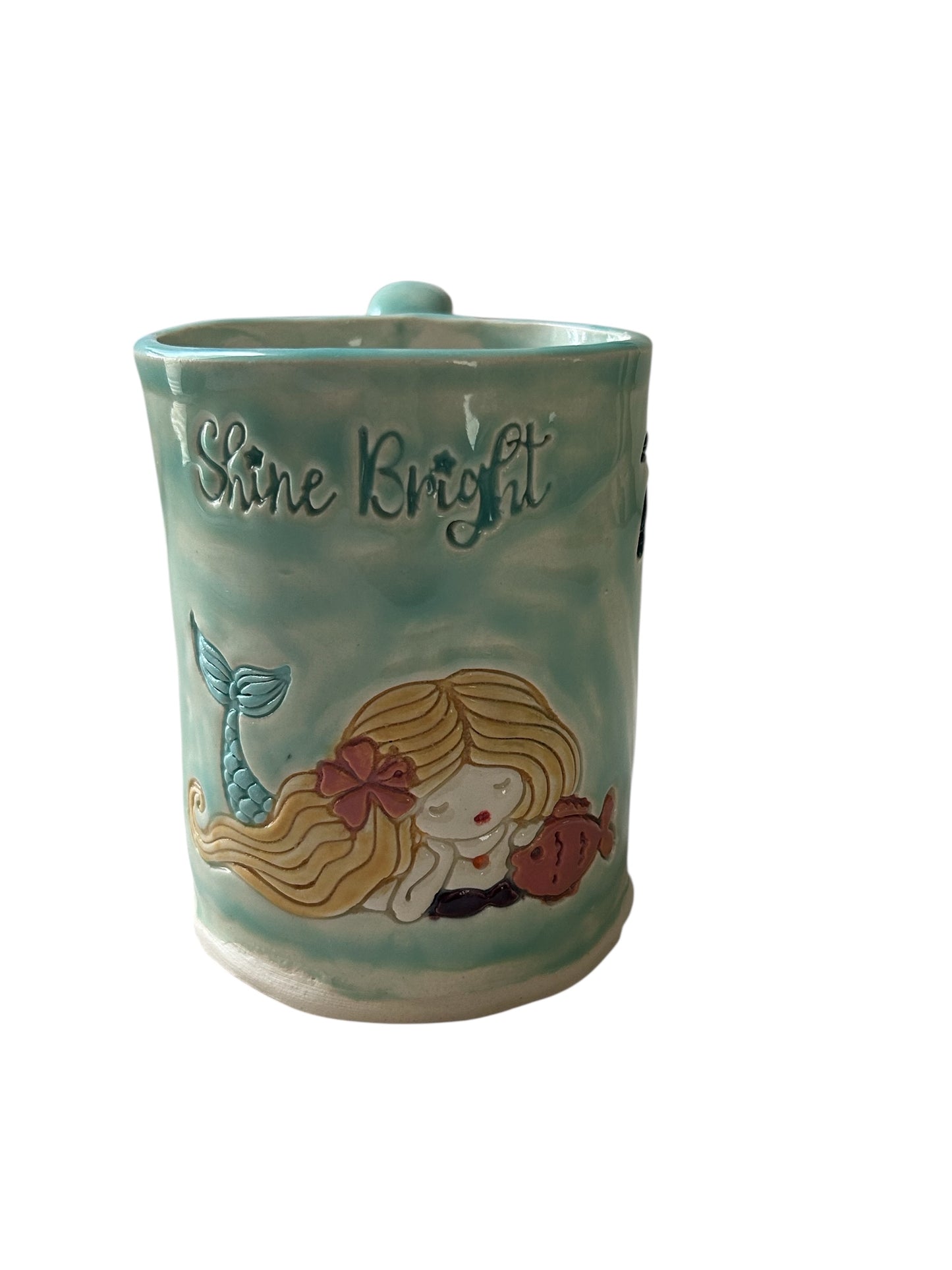 Handbuilt Mug #11 with Stamped Shine Bright Mermaid, Palm Trees, and Lighthouse