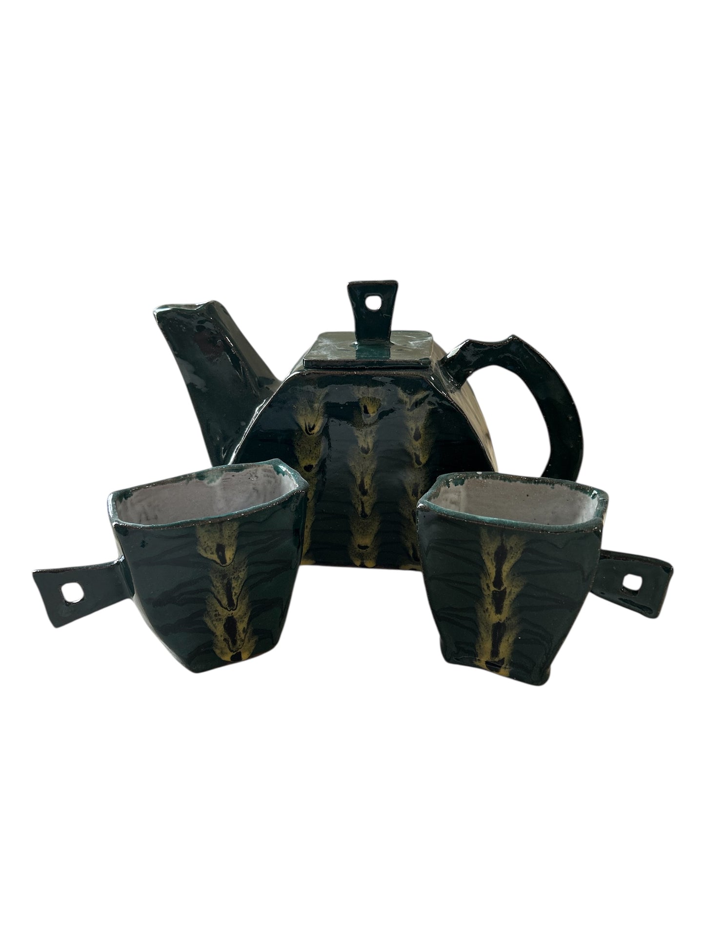 Handbuilt Teapot and Squared Tea Mugs Set #60 with Handpainted Peacock Feathers in Teal Green