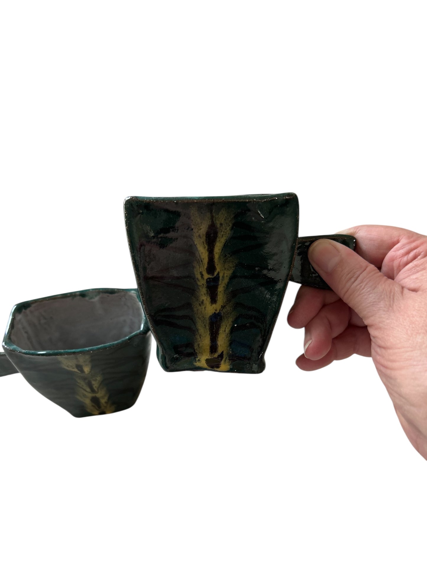 Handbuilt Teapot and Squared Tea Mugs Set #60 with Handpainted Peacock Feathers in Teal Green