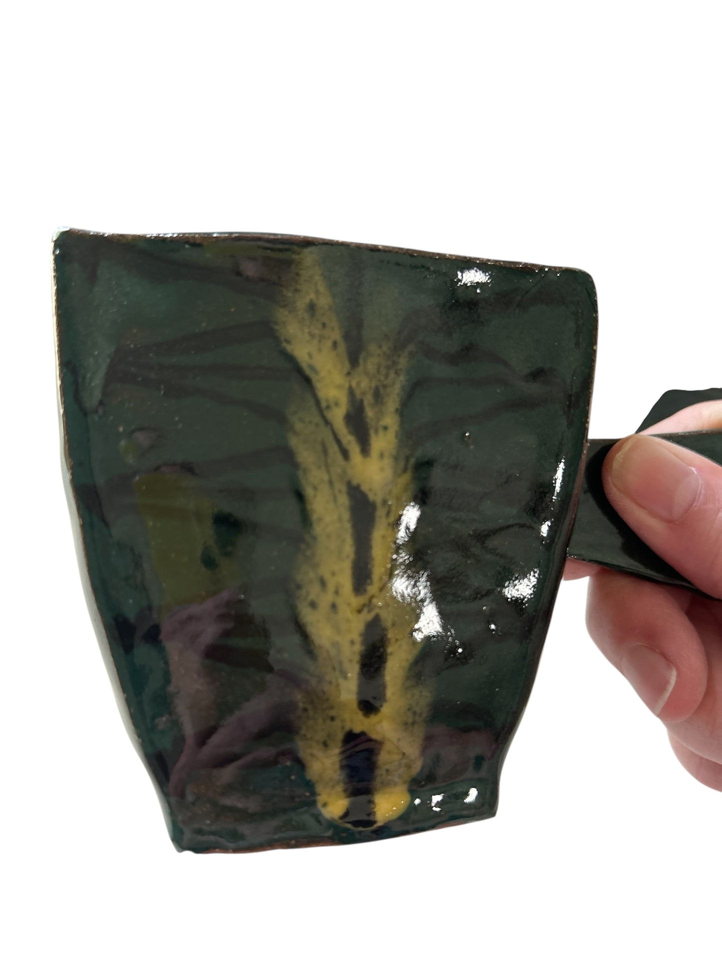 Handbuilt Teapot and Squared Tea Mugs Set #60 with Handpainted Peacock Feathers in Teal Green