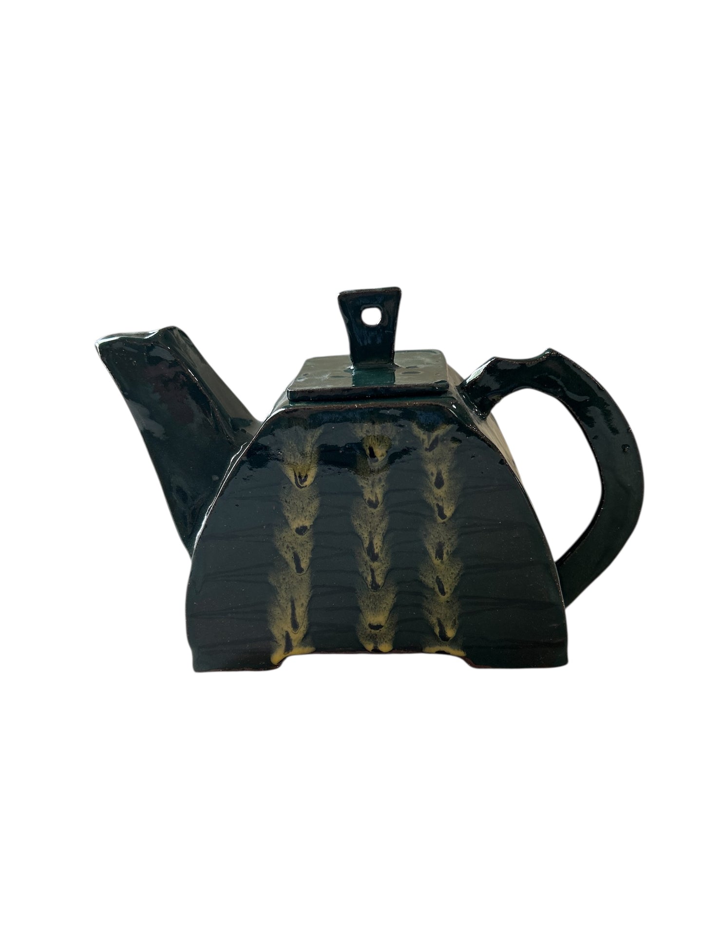 Handbuilt Teapot and Squared Tea Mugs Set #60 with Handpainted Peacock Feathers in Teal Green