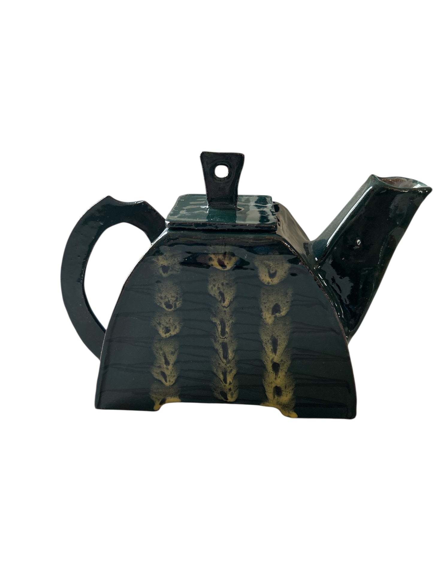 Handbuilt Teapot and Squared Tea Mugs Set #60 with Handpainted Peacock Feathers in Teal Green