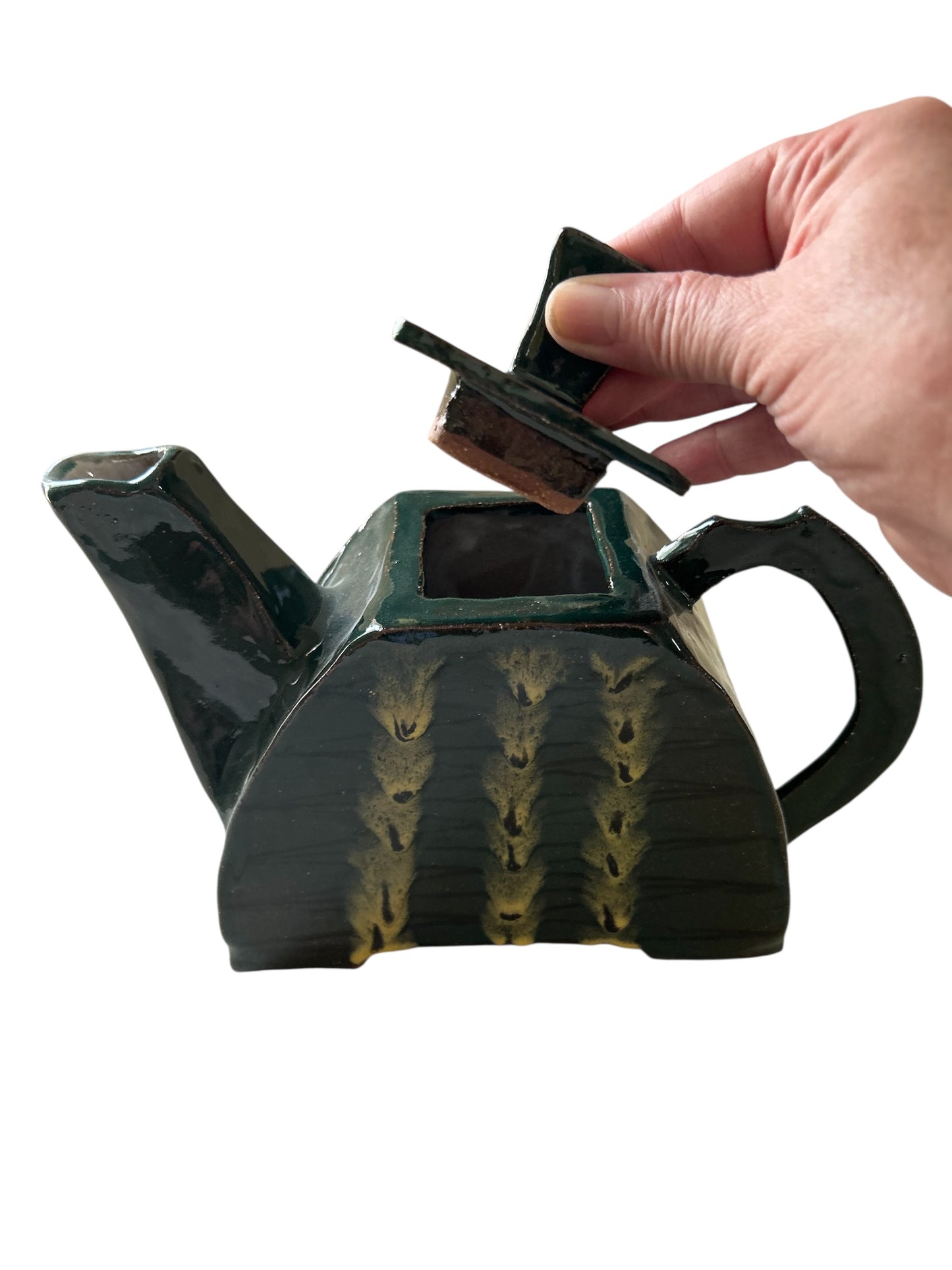 Handbuilt Teapot and Squared Tea Mugs Set #60 with Handpainted Peacock Feathers in Teal Green