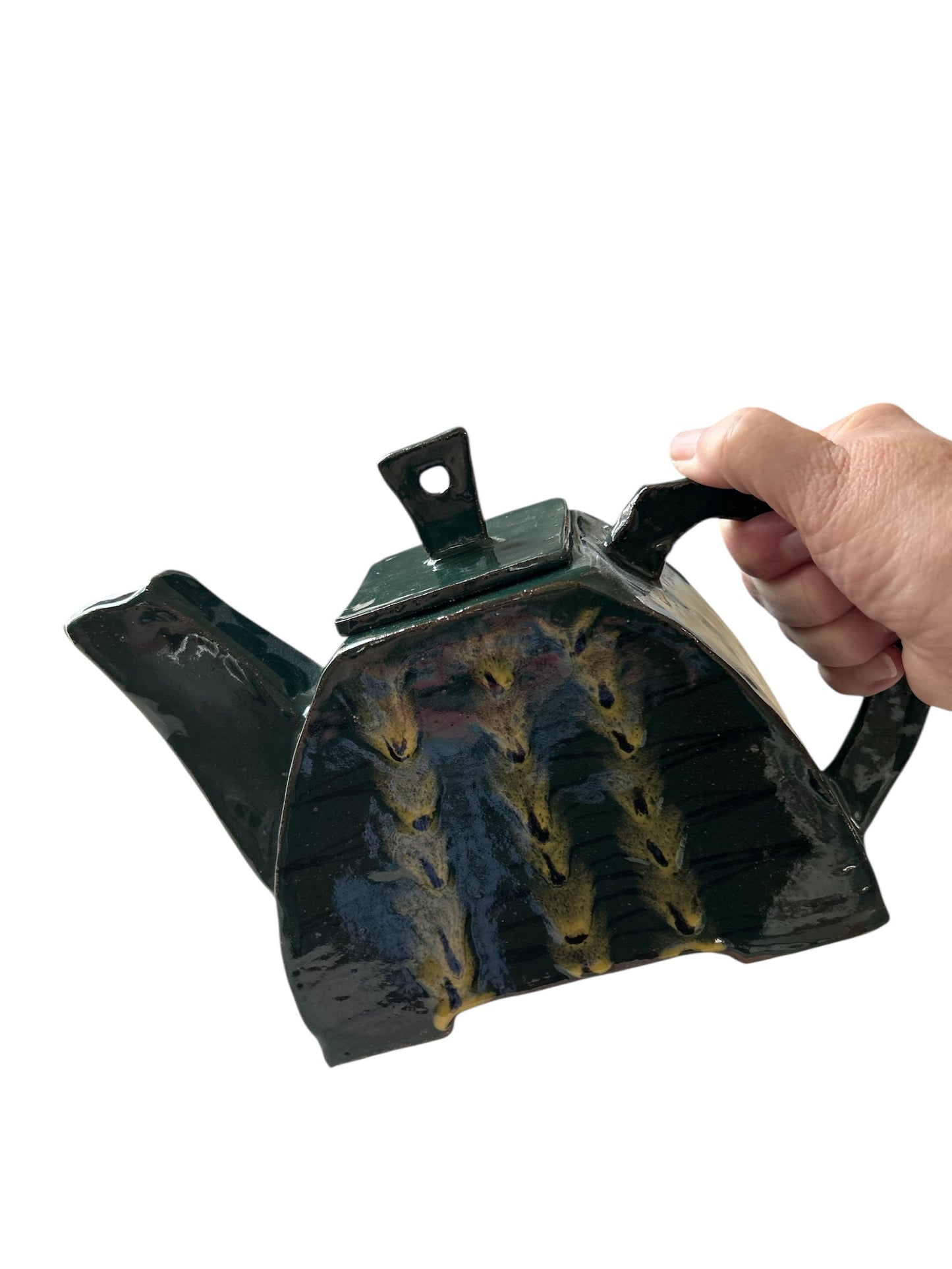 Handbuilt Teapot and Squared Tea Mugs Set #60 with Handpainted Peacock Feathers in Teal Green