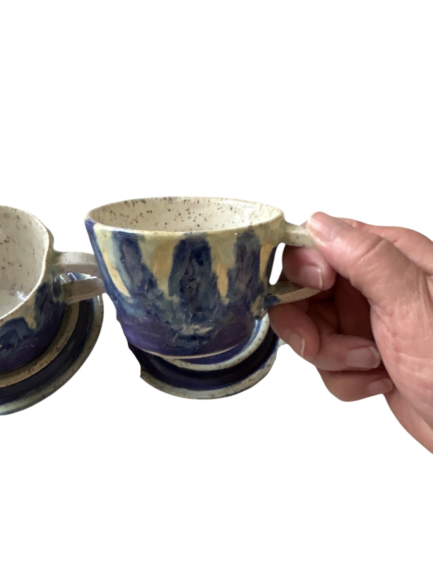 Wheel-Thrown Icing Tea Cups and Saucers #86 in Aspen Blue and Snowy White