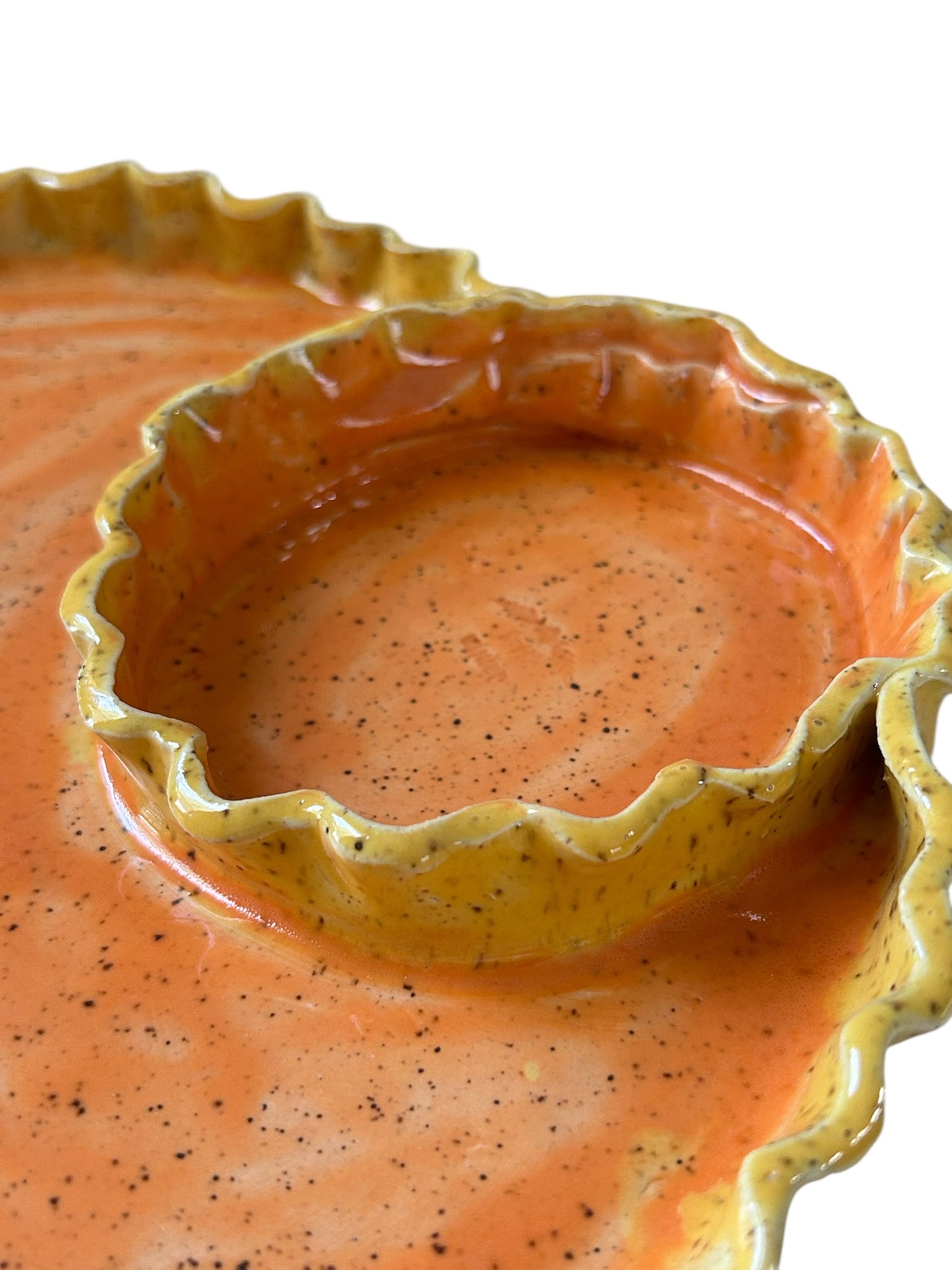 Handbuilt 2-Section Chip and Dip Platter #35 with Ruffled Edges in Orange and Yellow