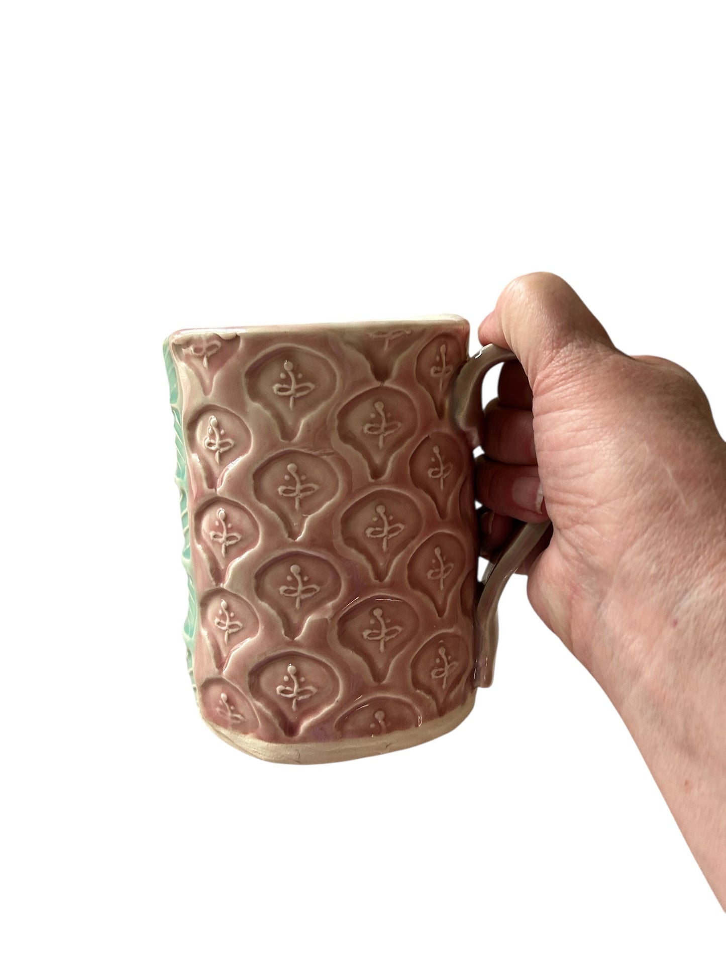 Stamped Handbuilt Art Deco Mug #31 with Stylized Leaves and Flowers in Plum and Aqua
