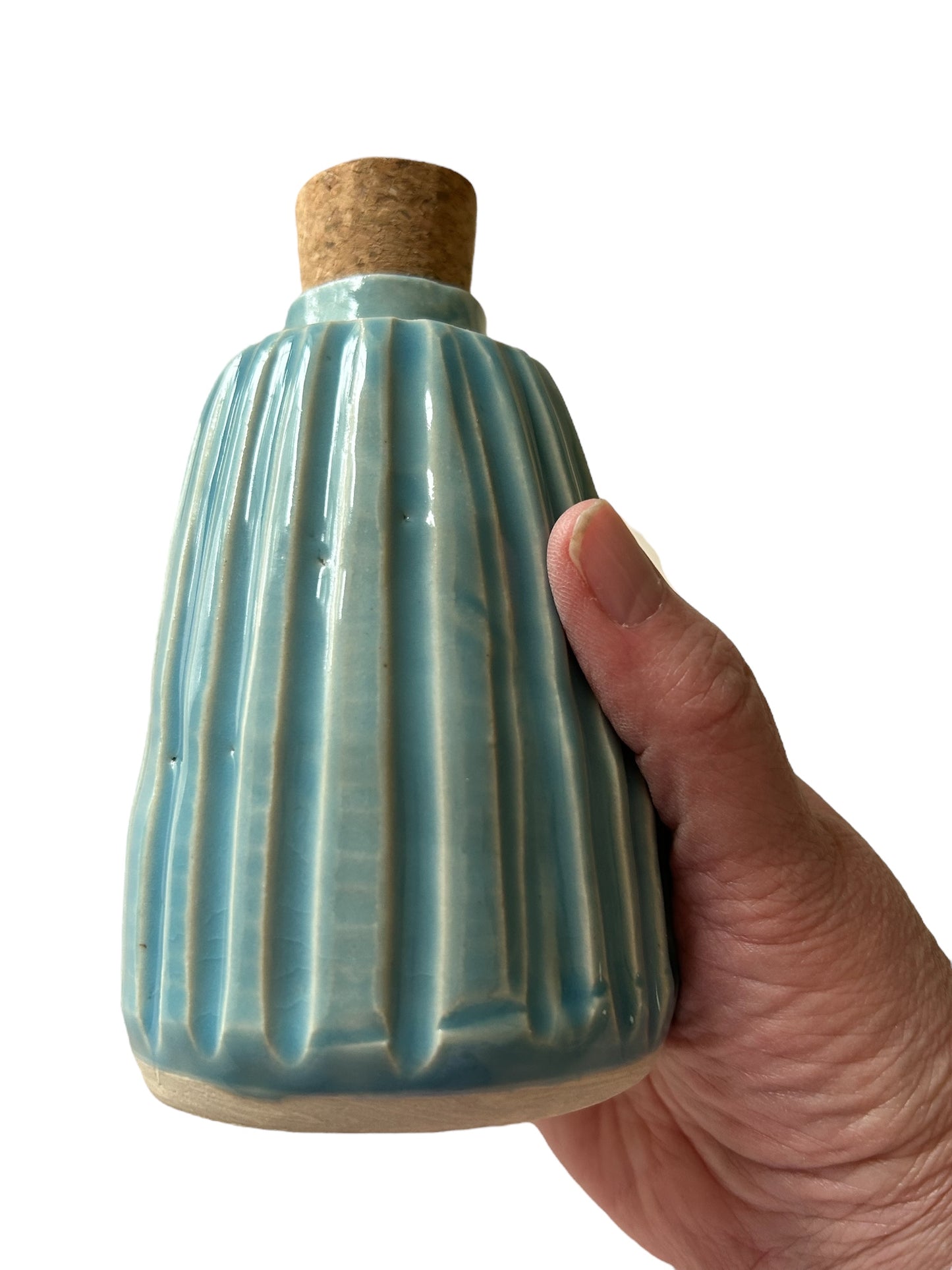 Medium Fluted Bottle #3 in Translucent Blue Lagoon with Natural Cork Top