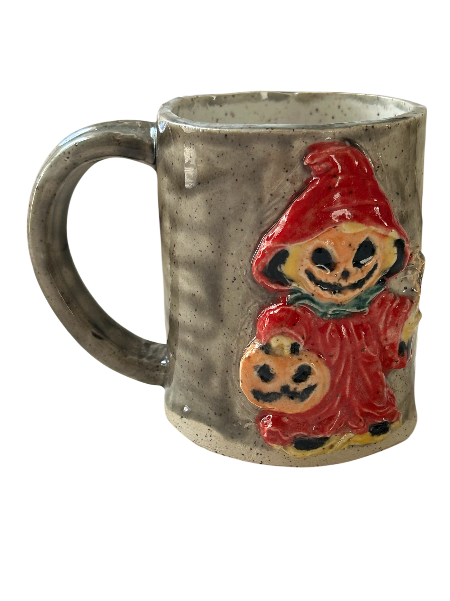 Handbuilt Slab Sculpture Mug #25 with Halloween Ghoulies on Speckled Clay