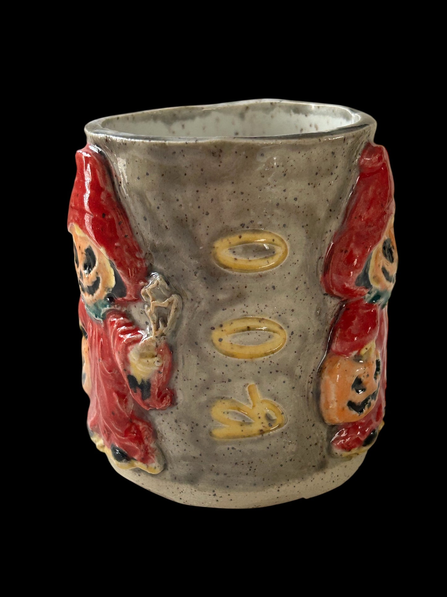 Handbuilt Slab Sculpture Mug #25 with Halloween Ghoulies on Speckled Clay