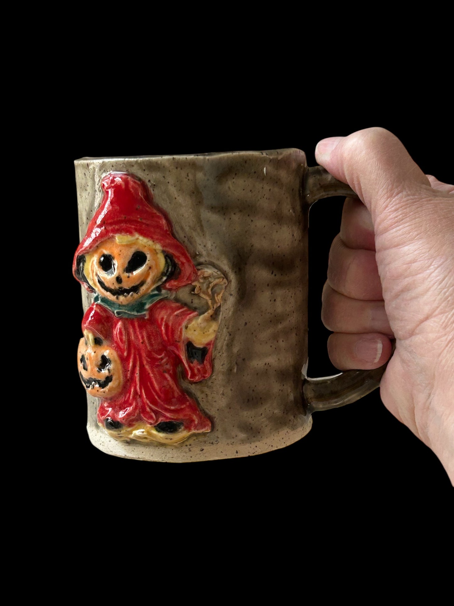 Handbuilt Slab Sculpture Mug #25 with Halloween Ghoulies on Speckled Clay