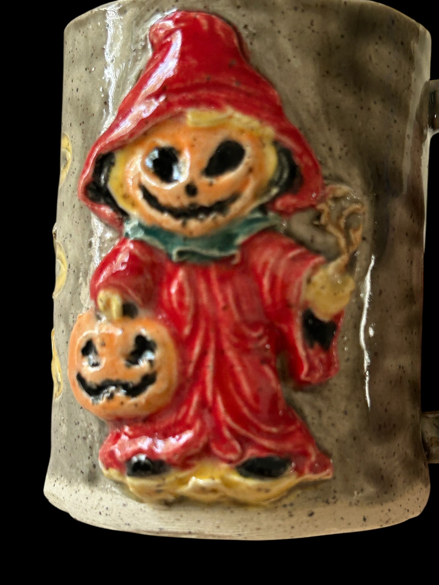 Handbuilt Slab Sculpture Mug #25 with Halloween Ghoulies on Speckled Clay