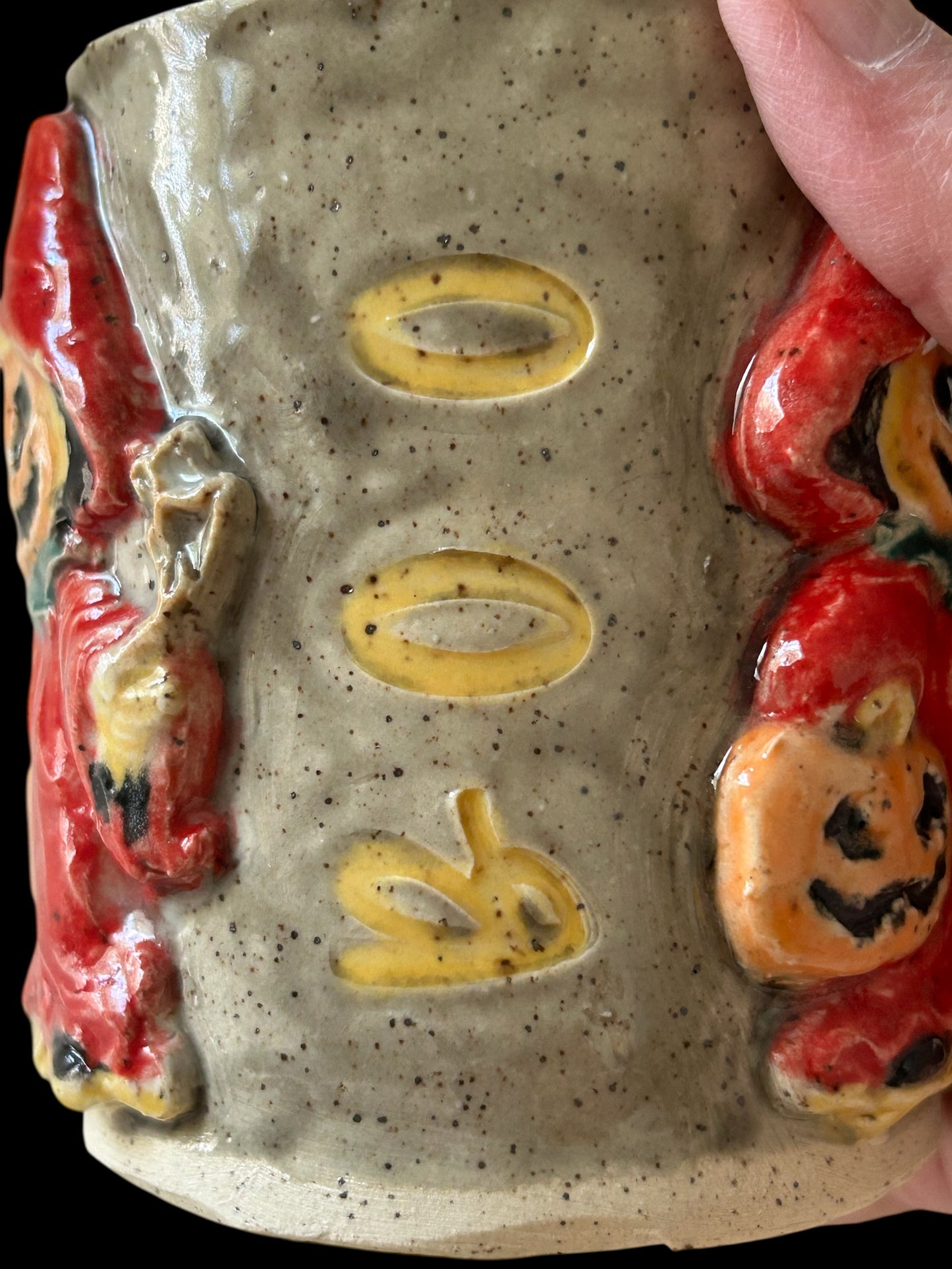 Handbuilt Slab Sculpture Mug #25 with Halloween Ghoulies on Speckled Clay