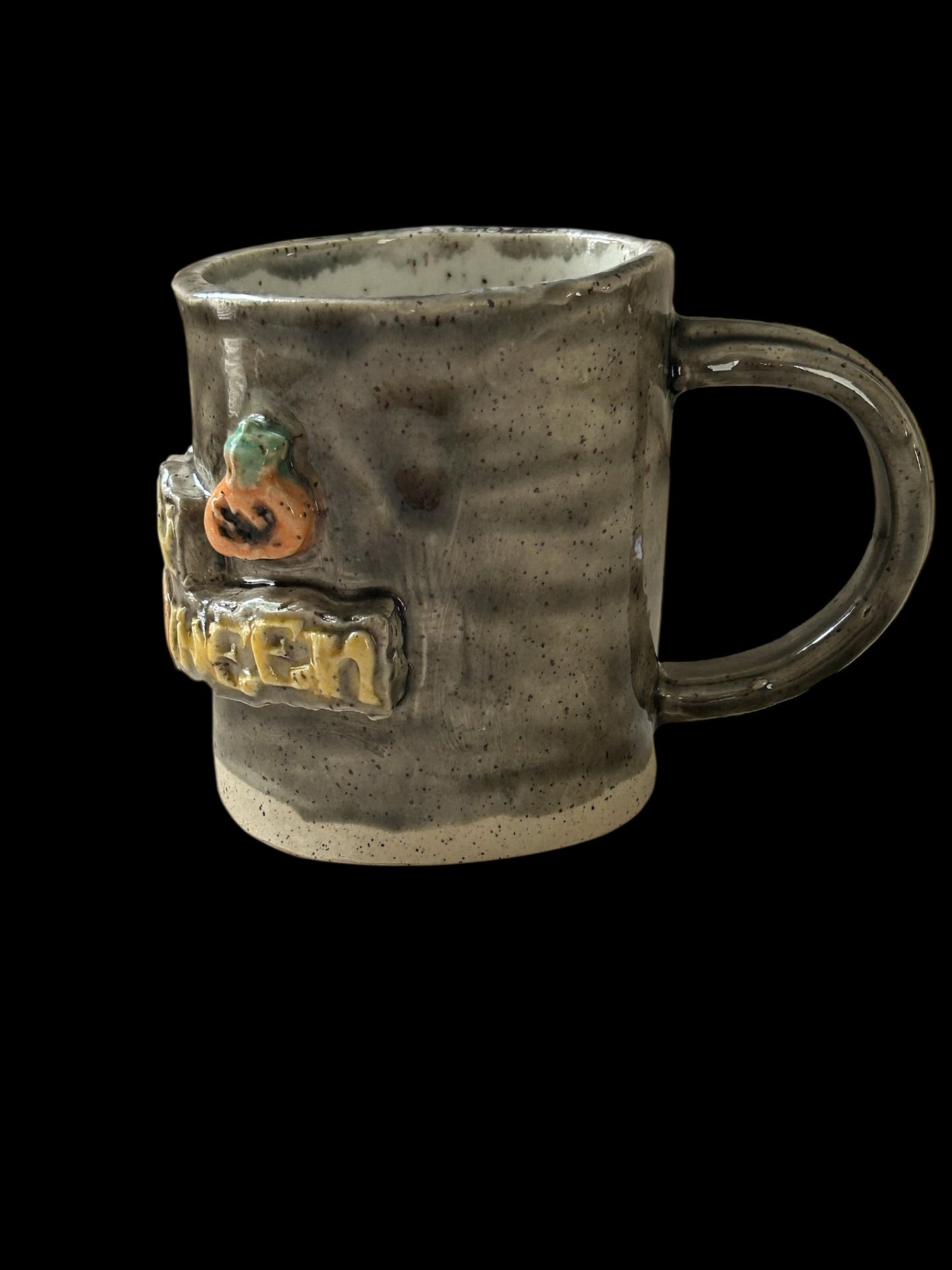 Handbuilt Slab Halloween Sculpture Mug #26 with Witch, Ghost, and Pumpkin