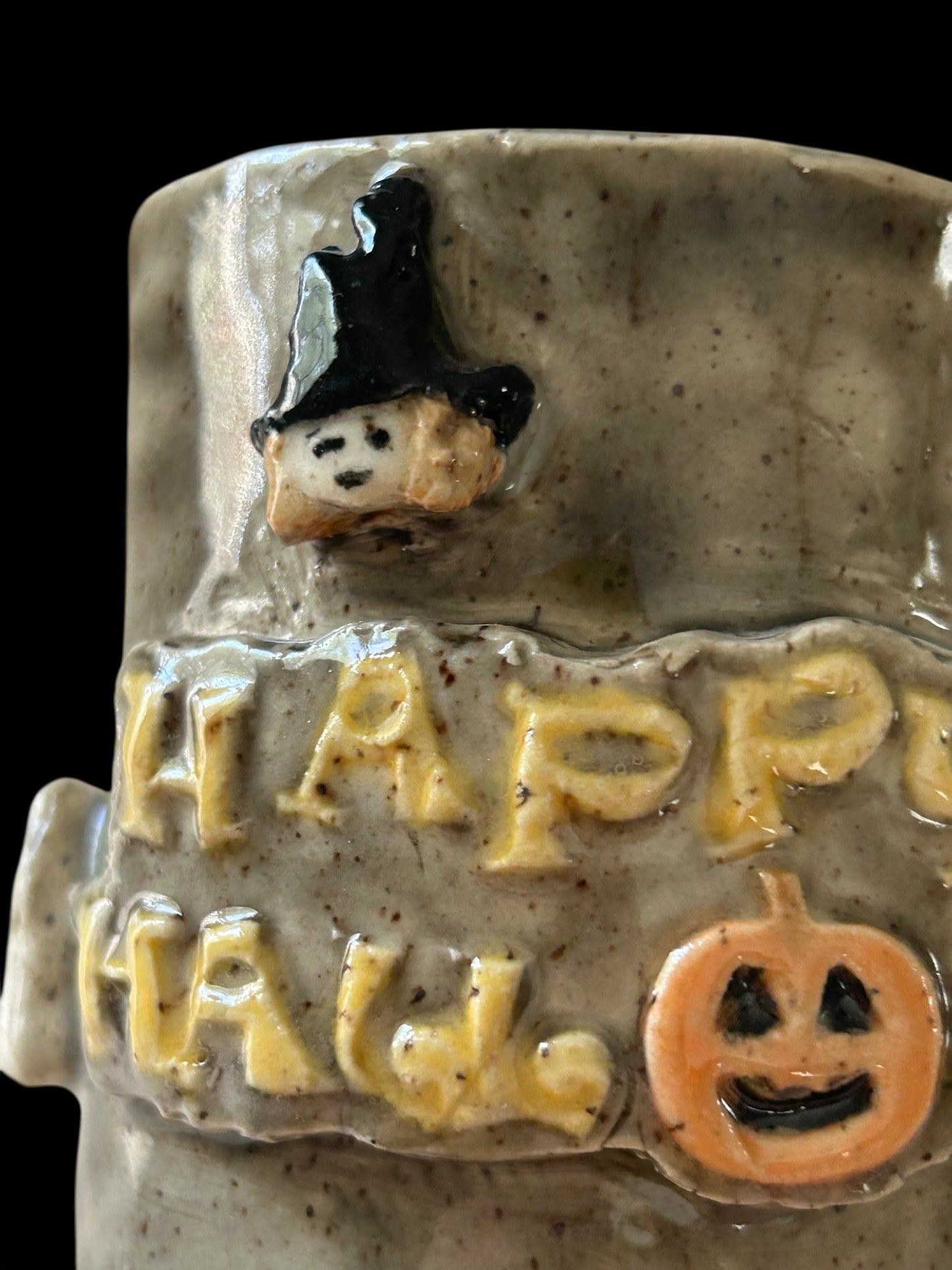 Handbuilt Slab Halloween Sculpture Mug #26 with Witch, Ghost, and Pumpkin