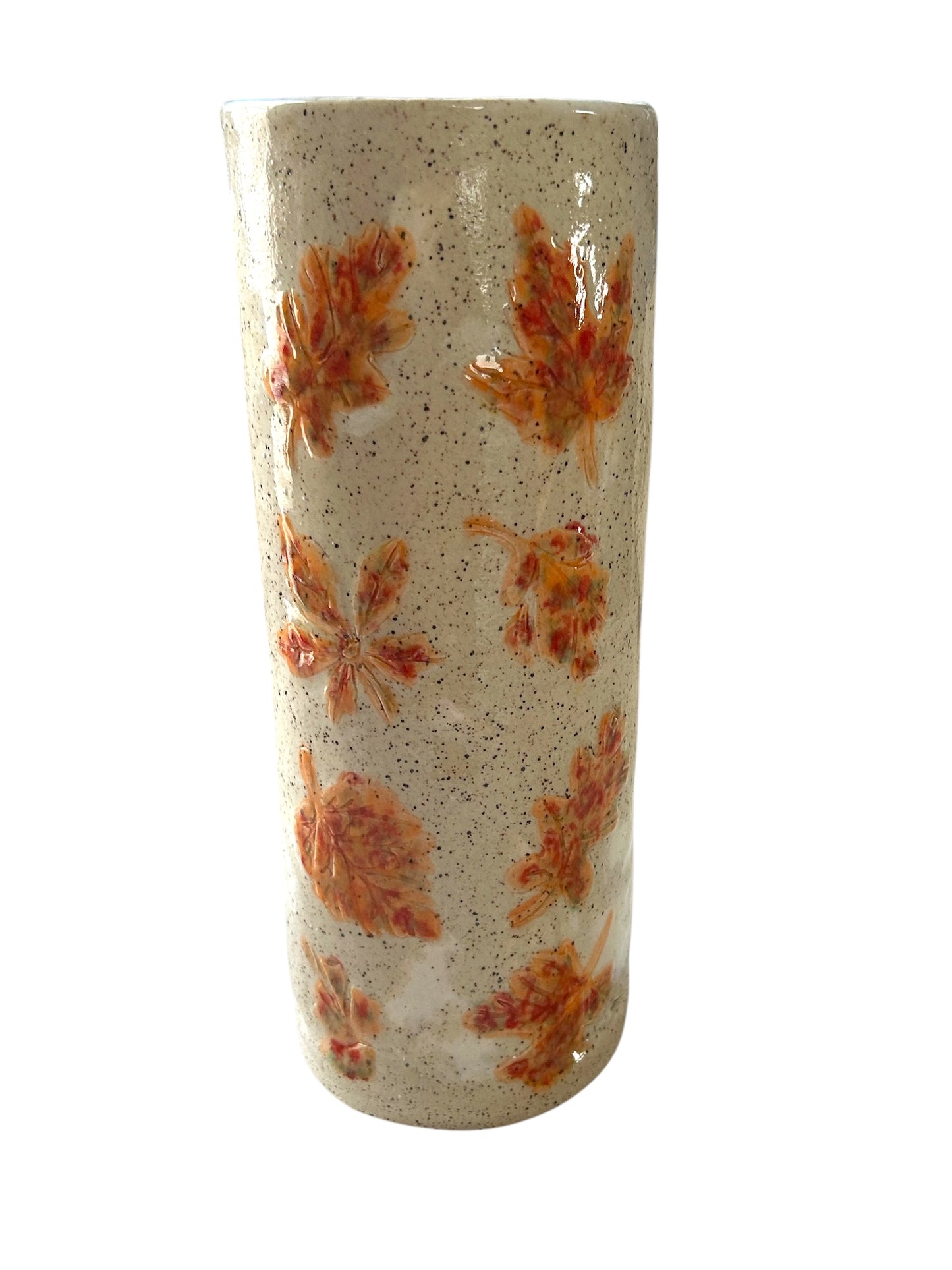 Tall Cylinder Vase #22 with Multicolored Fall Leaves on Speckled Clay