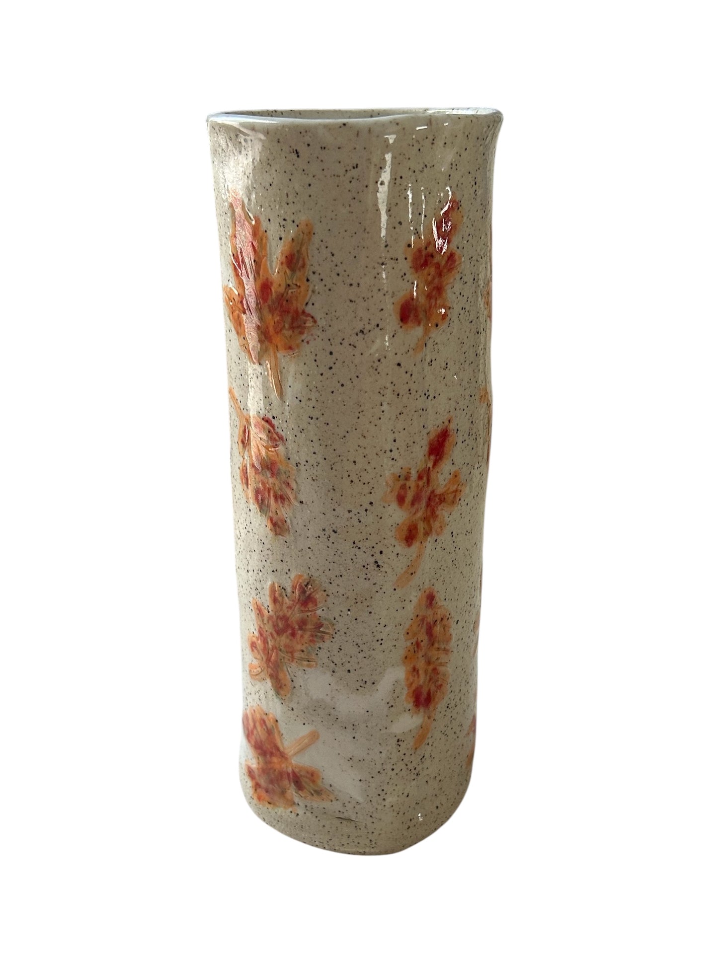 Tall Cylinder Vase #22 with Multicolored Fall Leaves on Speckled Clay