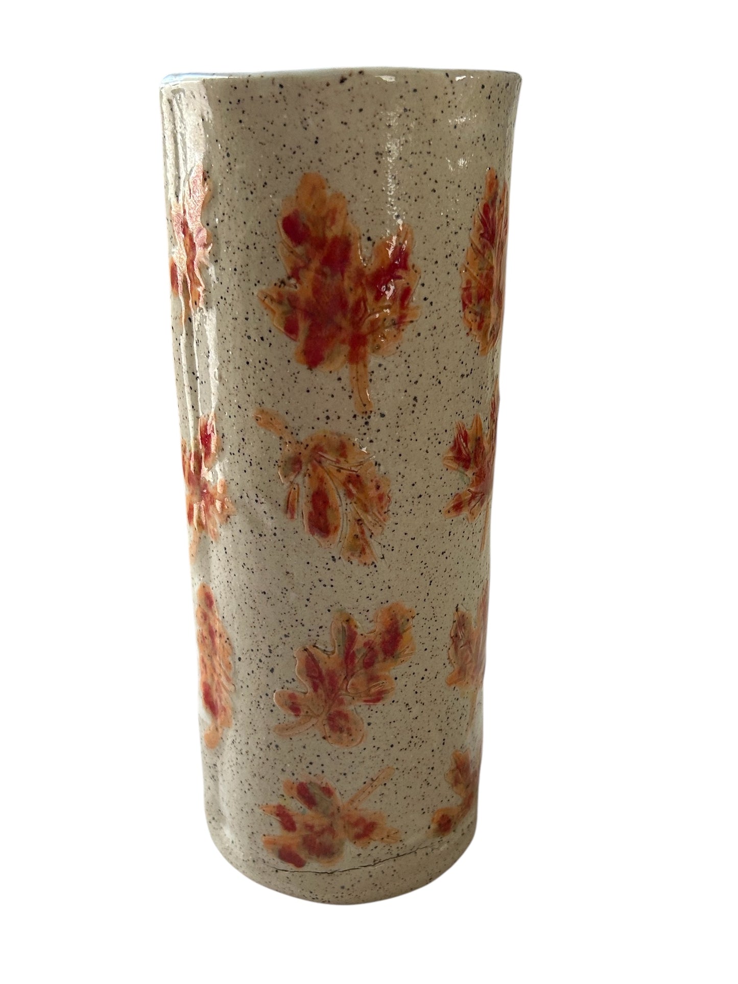 Tall Cylinder Vase #22 with Multicolored Fall Leaves on Speckled Clay