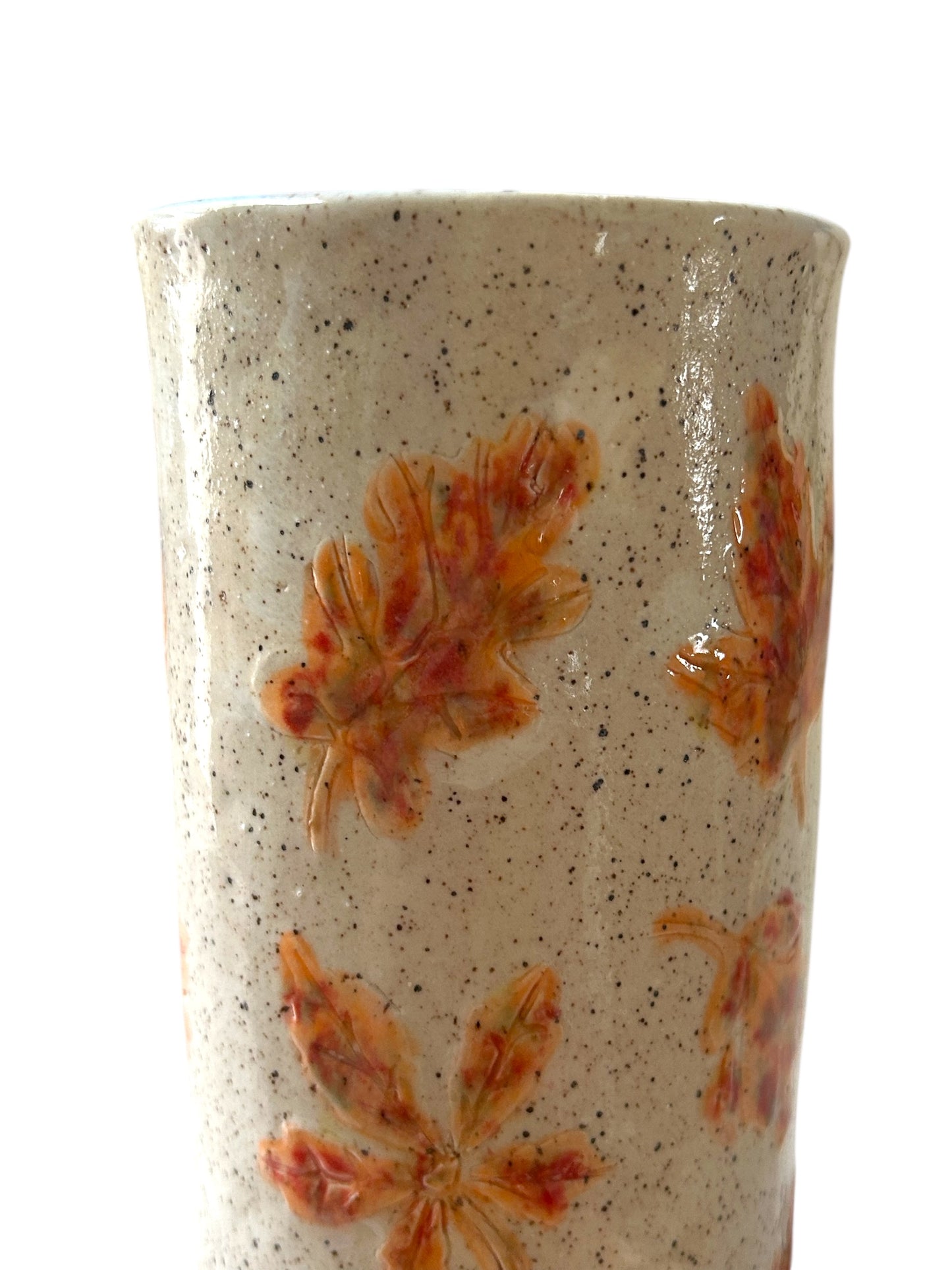 Tall Cylinder Vase #22 with Multicolored Fall Leaves on Speckled Clay