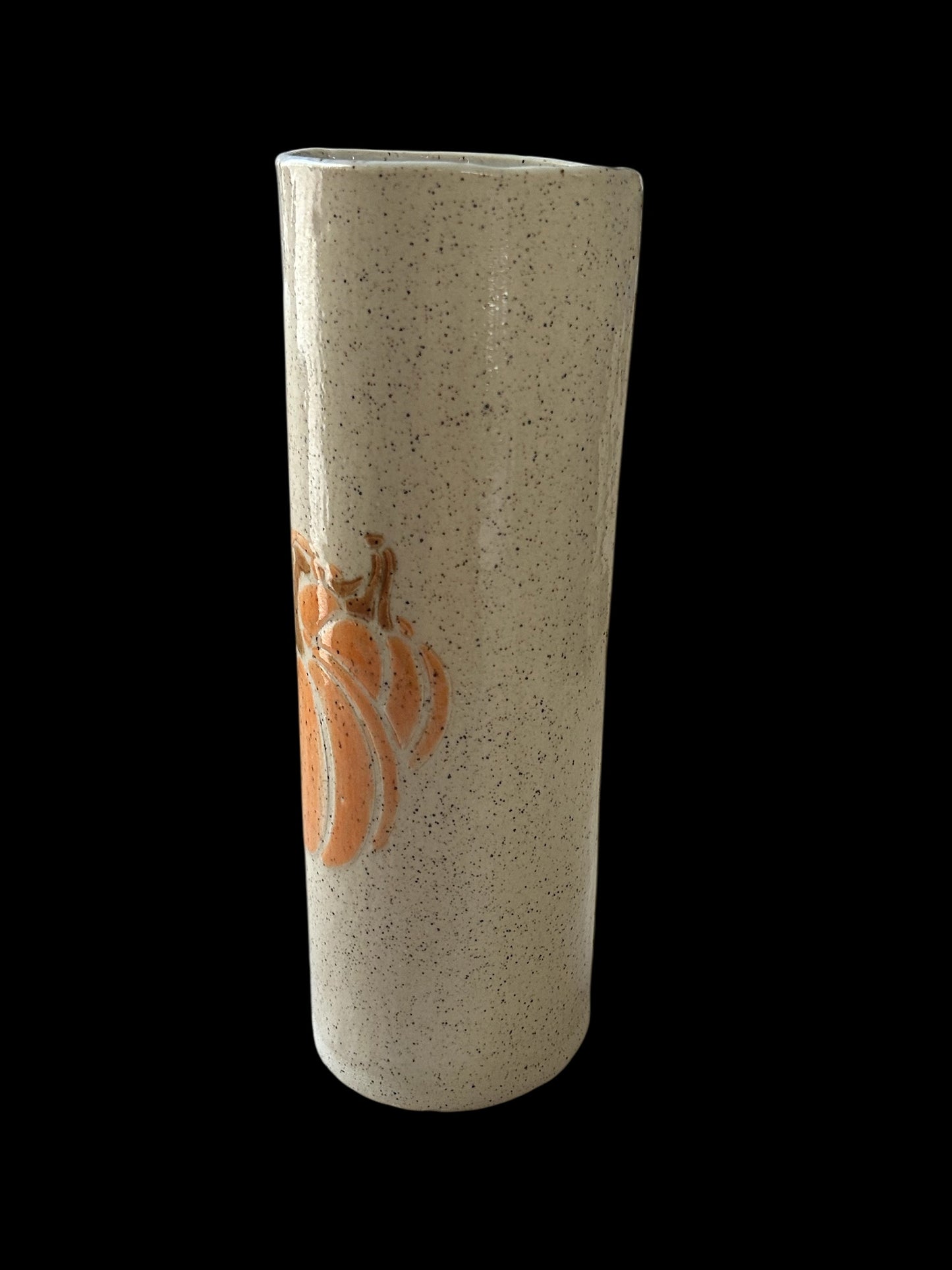 Tall Cylinder Vase with Stenciled Pumpkins on Speckled Clay