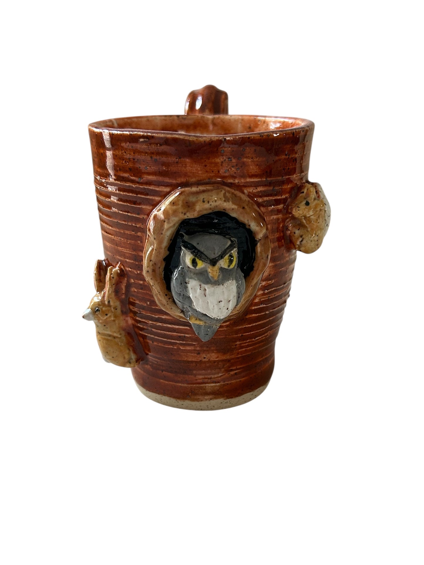 Wheel-Thrown Textured Mug #17 with Sculpted Owl and Sprigged Squirrel and Rabbit