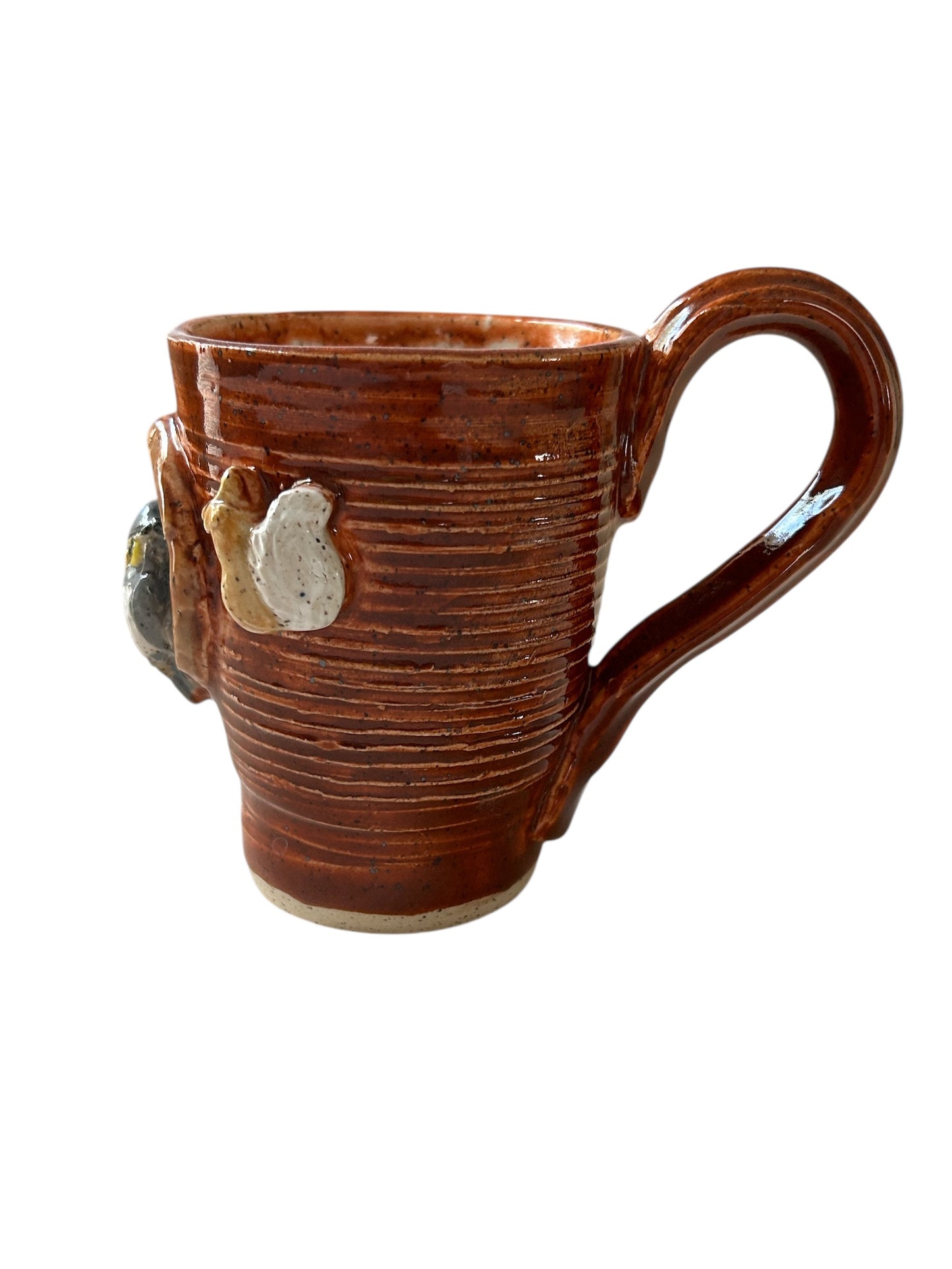 Wheel-Thrown Textured Mug #17 with Sculpted Owl and Sprigged Squirrel and Rabbit