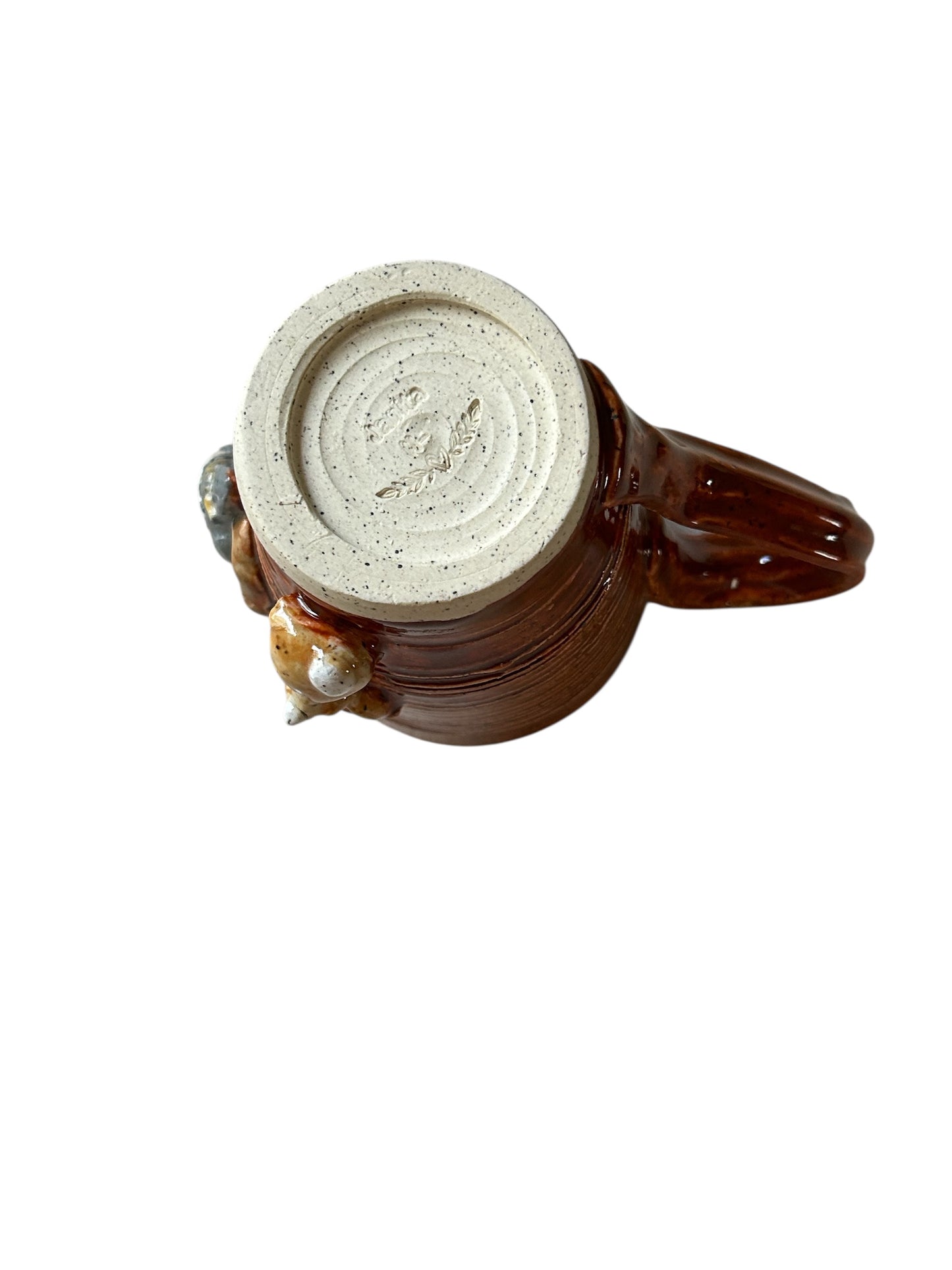 Wheel-Thrown Textured Mug #17 with Sculpted Owl and Sprigged Squirrel and Rabbit