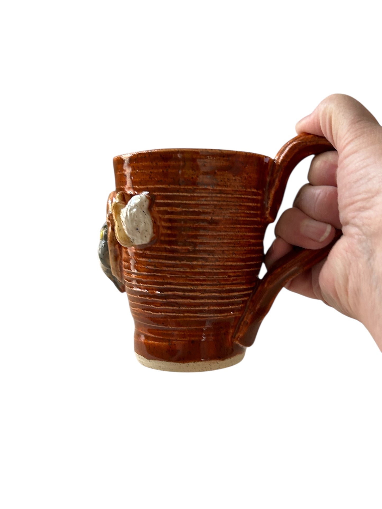 Wheel-Thrown Textured Mug #17 with Sculpted Owl and Sprigged Squirrel and Rabbit
