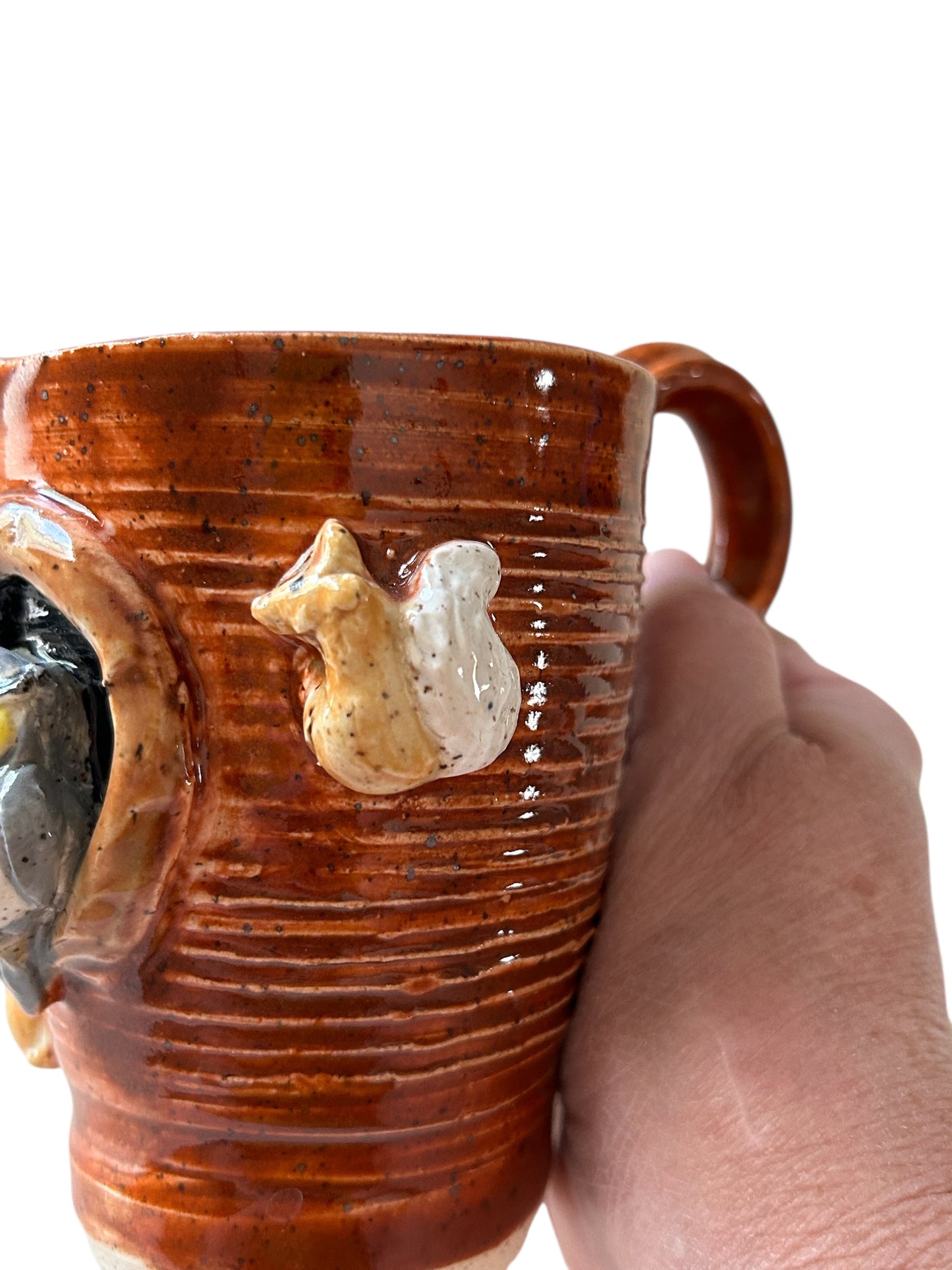 Wheel-Thrown Textured Mug #17 with Sculpted Owl and Sprigged Squirrel and Rabbit